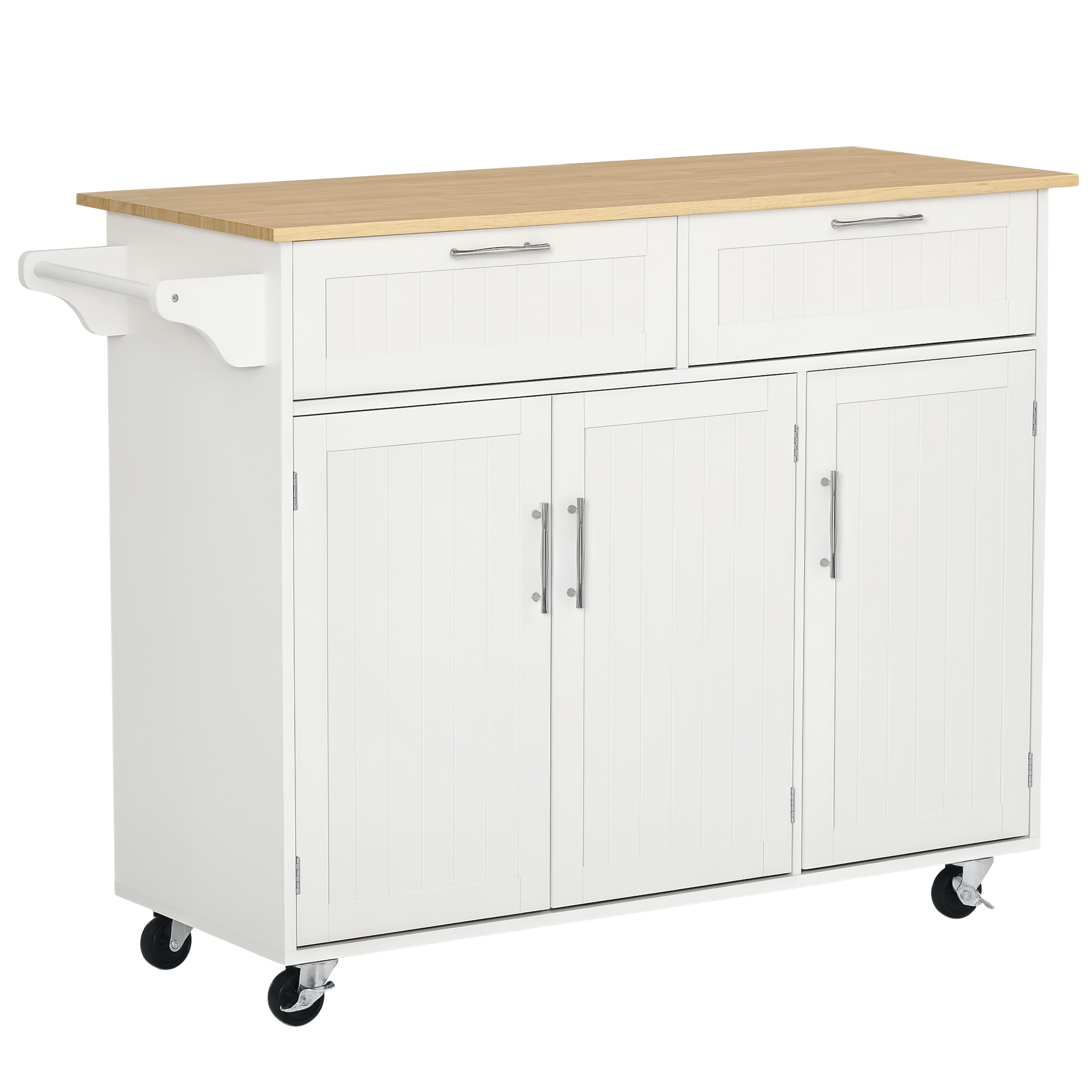HOMCOM Mobile Kitchen Island with Storage, Kitchen Cart with Wood Top, Storage Drawers, 3-door Cabinets, Adjustable Shelves and Towel Rack, White