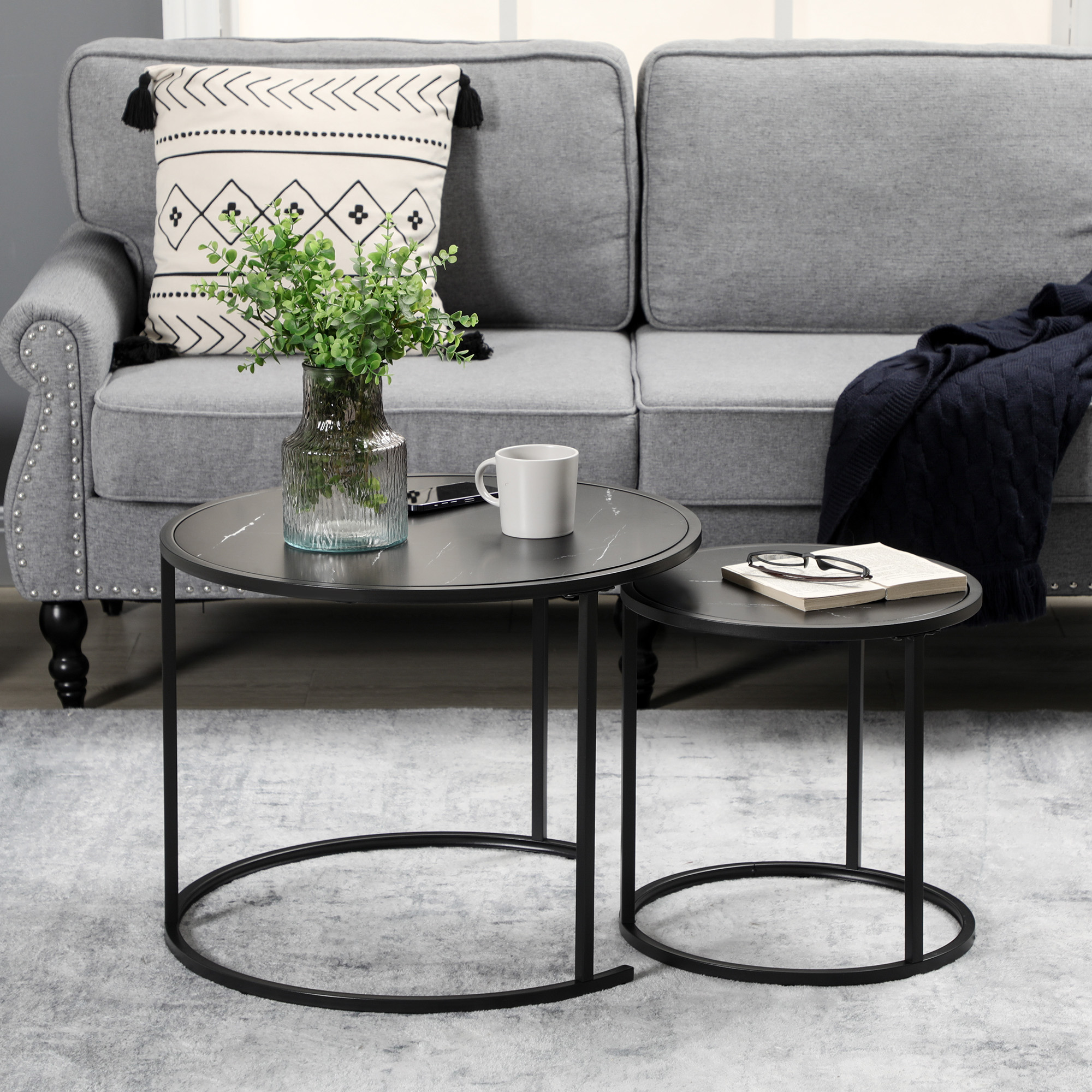 HOMCOM Round Nesting Coffee Table Set of 2, Stacking Modern Accent ...
