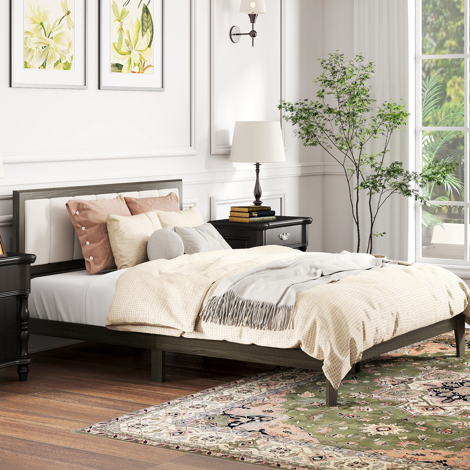 HOMCOM Queen Size Bed Frame with Headboard, Platform Bed Frame with Wooden Slats No Box Spring Needed Charcoal Gray