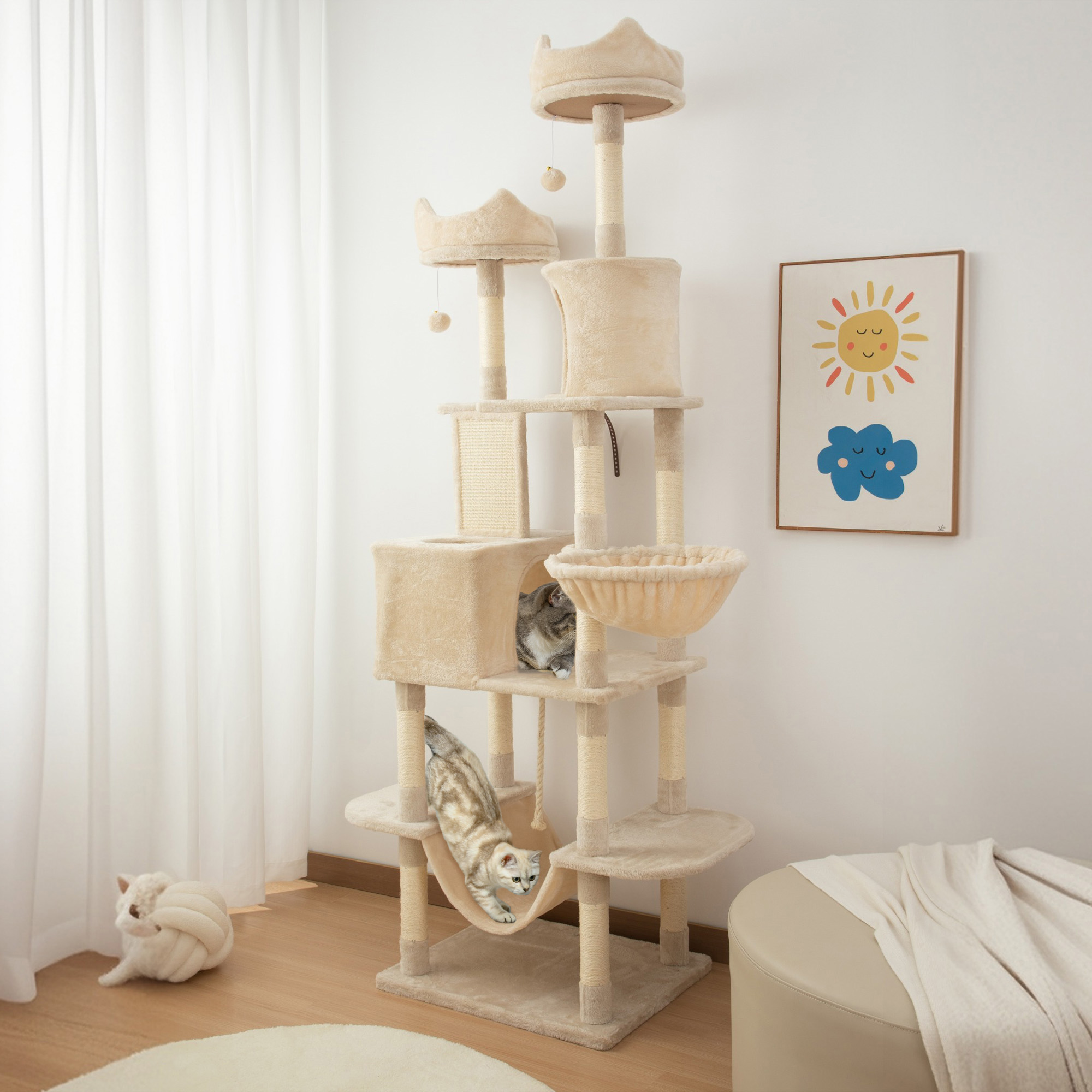 Condos, 81" Spacious Feline Tree w/ Scratching Posts, Beds, Hammocks, Jumping Platforms, Plaything Balls, Rope Feline Plaything, Beige 2