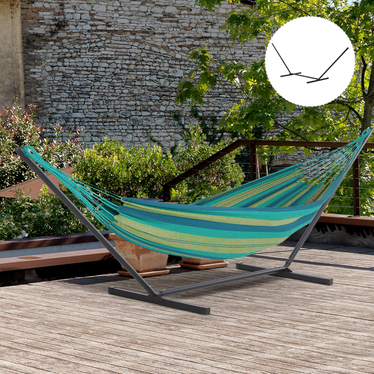 ハンモック　Hammock Vivere Double Cotton Hammock with Space Saving Steel Stand