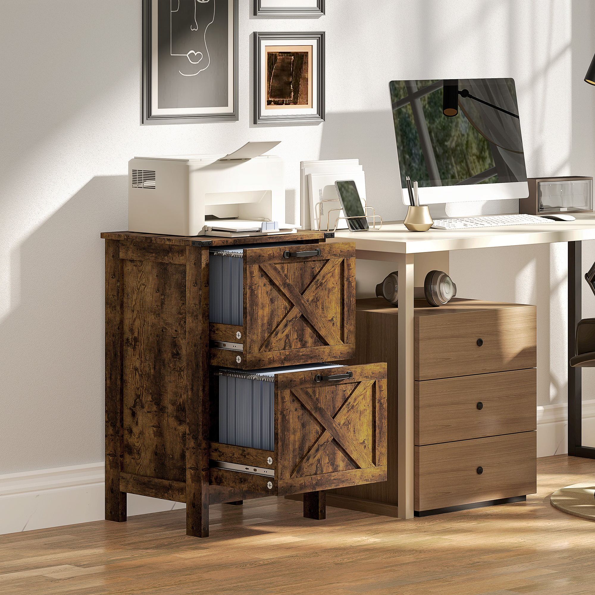 HOMCOM Vertical Filing Cabinet with 2 Drawers, Rustic Farmhouse Office Storage Cabinet for A4, Letter Size, Rustic Brown Aosom Canada