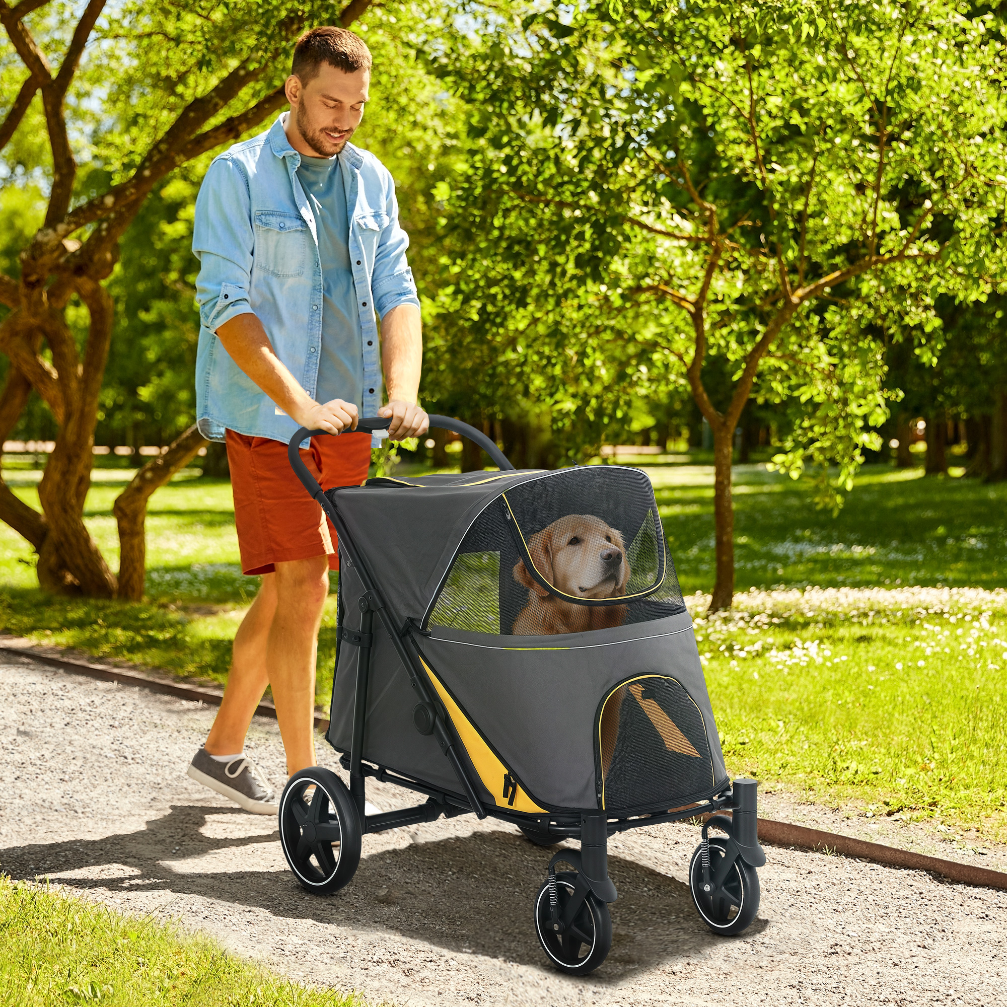 PawHut Pet Stroller with Universal Front Wheels, Shock Absorber, One-Click Foldable Dog Cat Carriage with Brakes, Storage Bags Aosom Canada