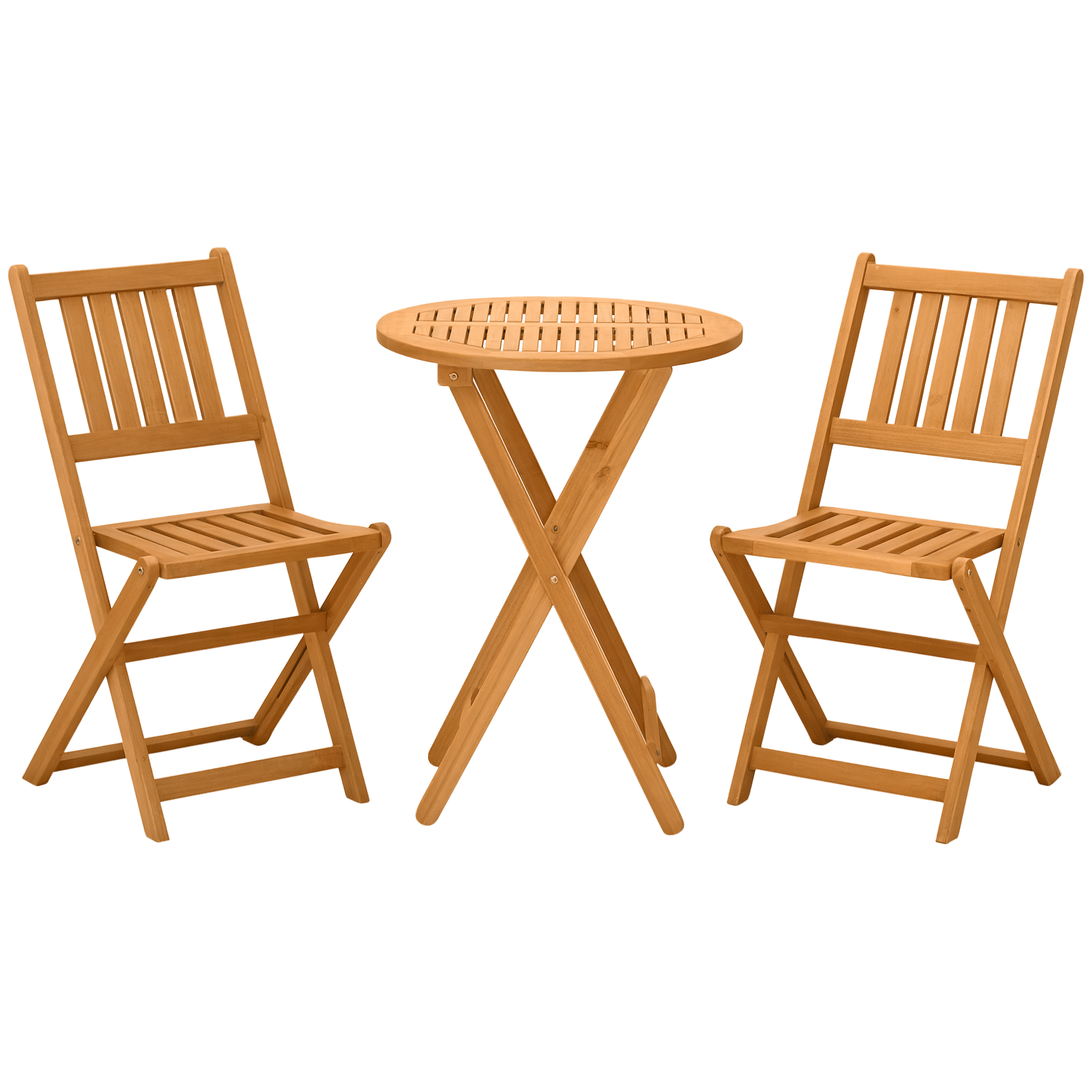 Outsunny 3-Piece Acacia Wood Bistro Set, Folding Patio Furniture with 2 Folding Chairs and Round Coffee Table, Teak, Slatted Finish, for Backyard, Bal