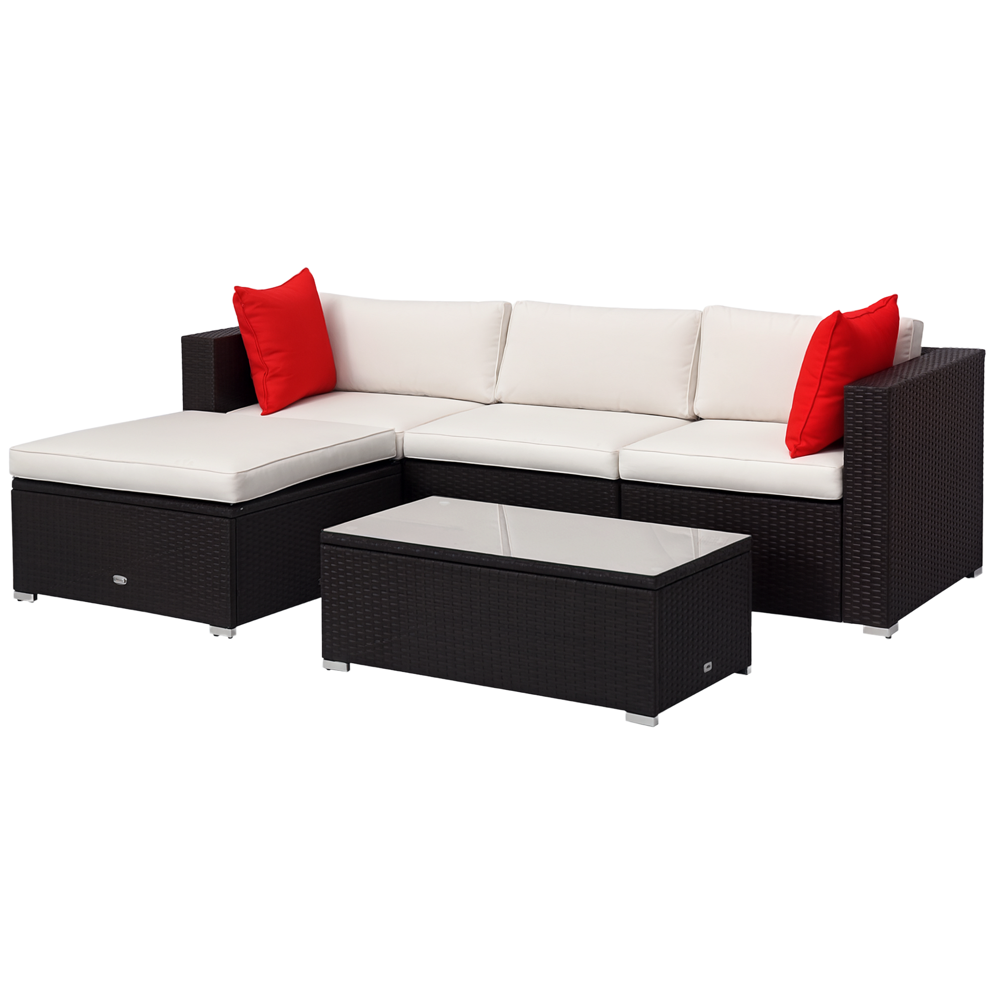 Outsunny 5-Piece Patio Furniture Set with Cushions, Outdoor PE Rattan Wicker Sofa Set, Sectional Furniture with Pillows, Glass Coffee Table for Garden