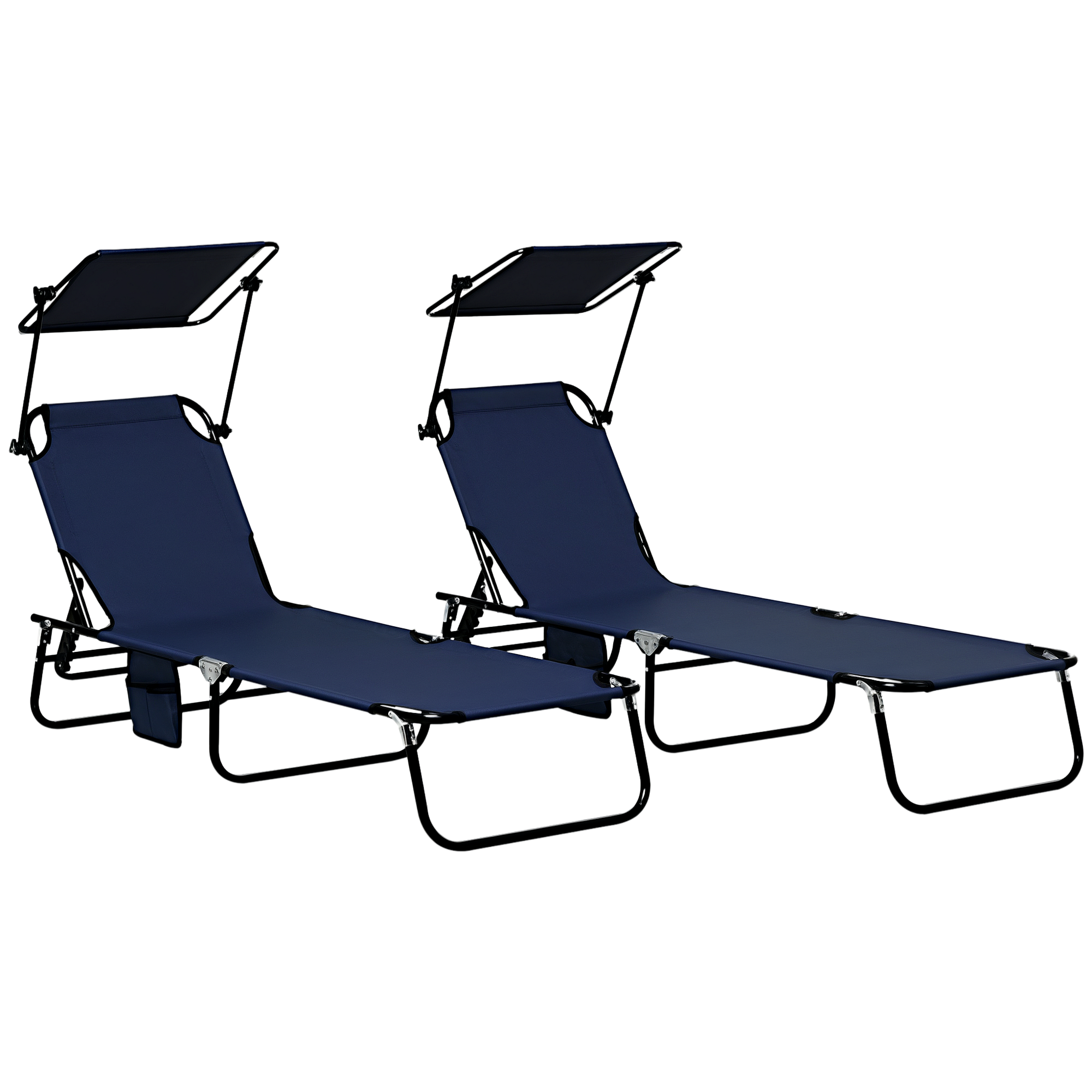 Outsunny Folding Chaise Lounge Pool Lounge Chairs Set of 2, Outdoor Sun Tanning Chairs with Canopy Shade, Reclining Back, Steel Frame and Side Pocket 