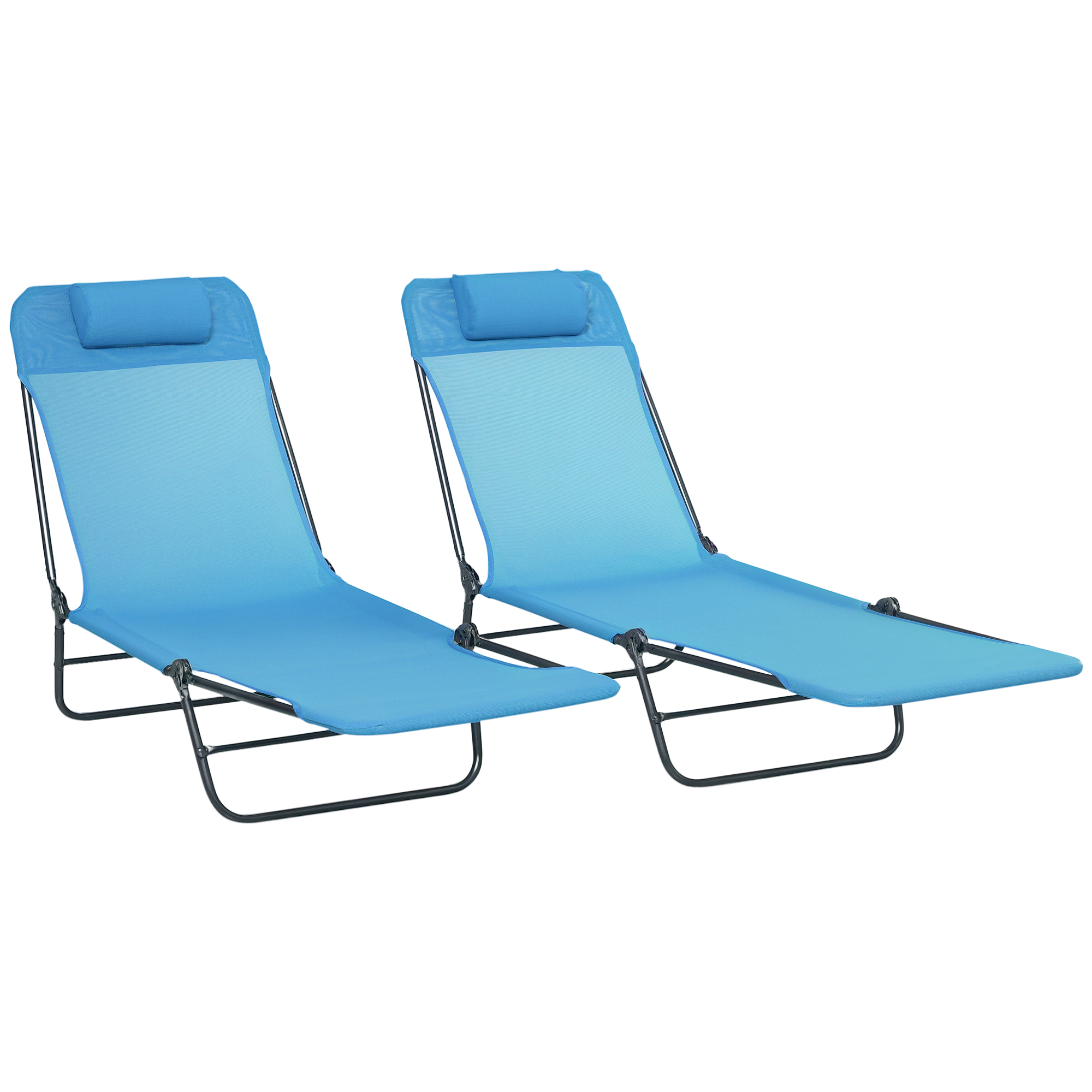 Outsunny Folding Chaise Lounge Pool Chairs, Set of 2 Outdoor Sun Tanning Chairs with Pillow, Reclining Back & Breathable Mesh for Beach, Patio, Blue
