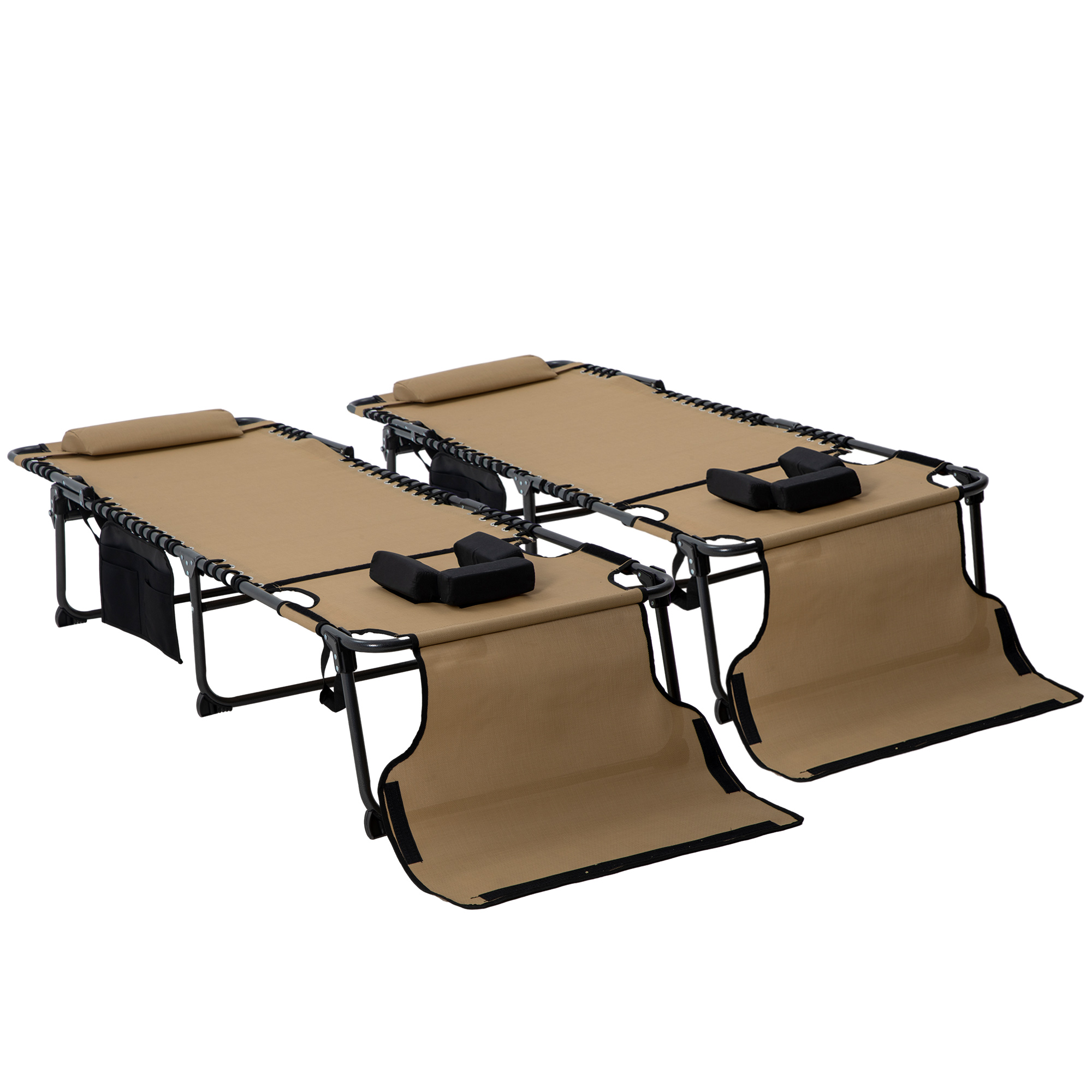 Outsunny 2 Piece Folding Chaise Lounge Pool Chairs with 5-level Reclining Back, Reading Hole, Side Pocket, Beige