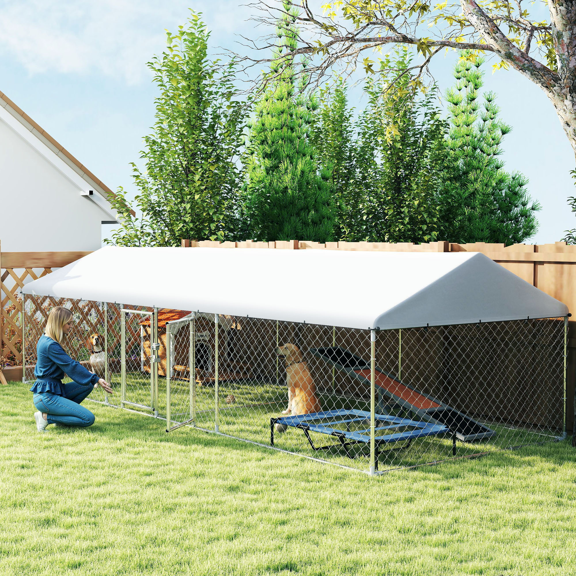 PawHut Two Room Outdoor Dog Kennel, Dog Run with Roof, Waterproof