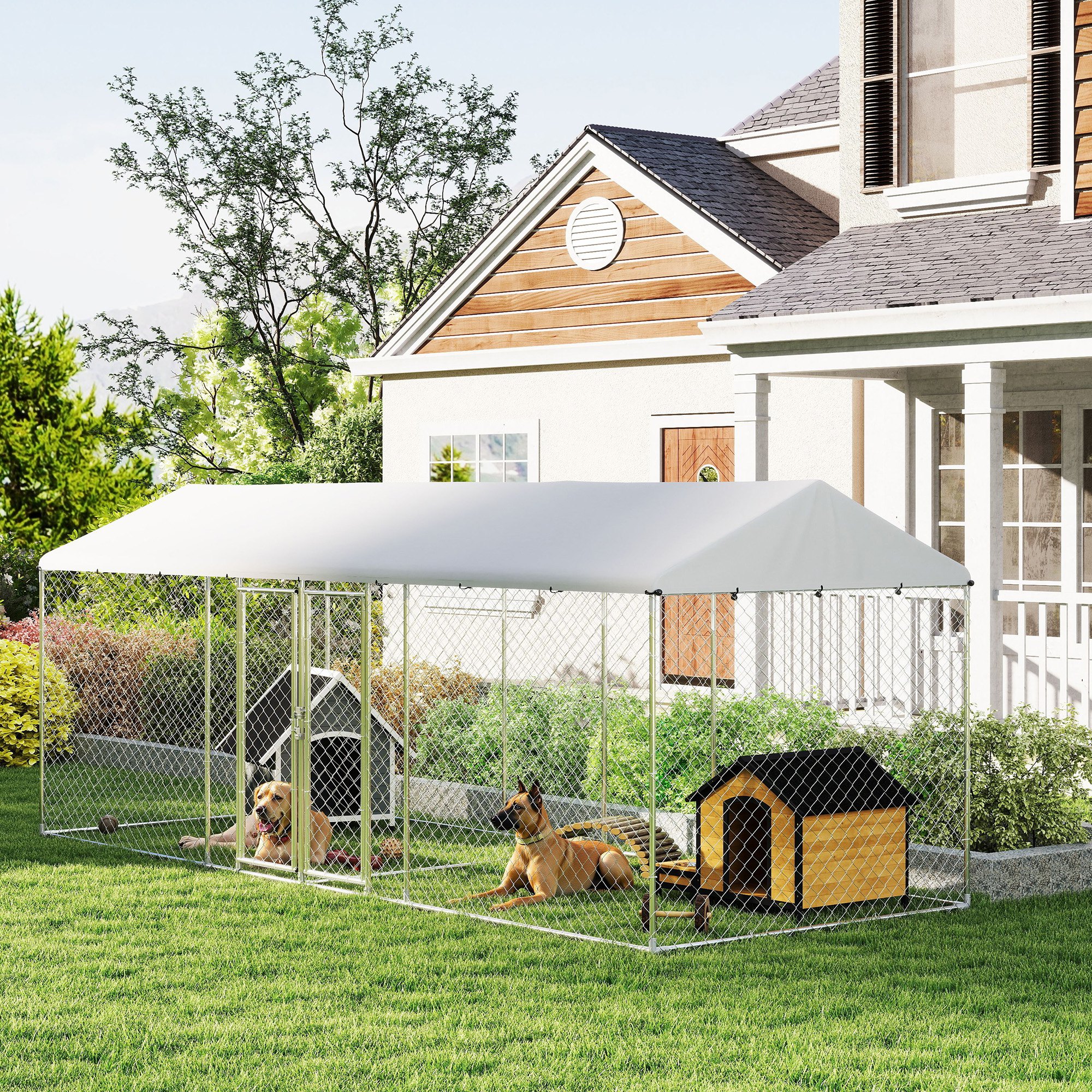 PawHut Outdoor Dog Kennel with Two Rooms, Waterproof UV-Resistant Cover, Escape-Proof Lock, 19.7' x 7.5' x 7.5' Aosom Canada