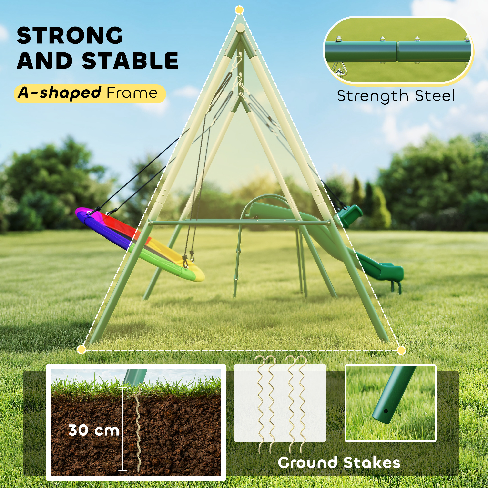 Qaba Metal Swing Set with Slide, Saucer Swing Seat, Heavy Duty A