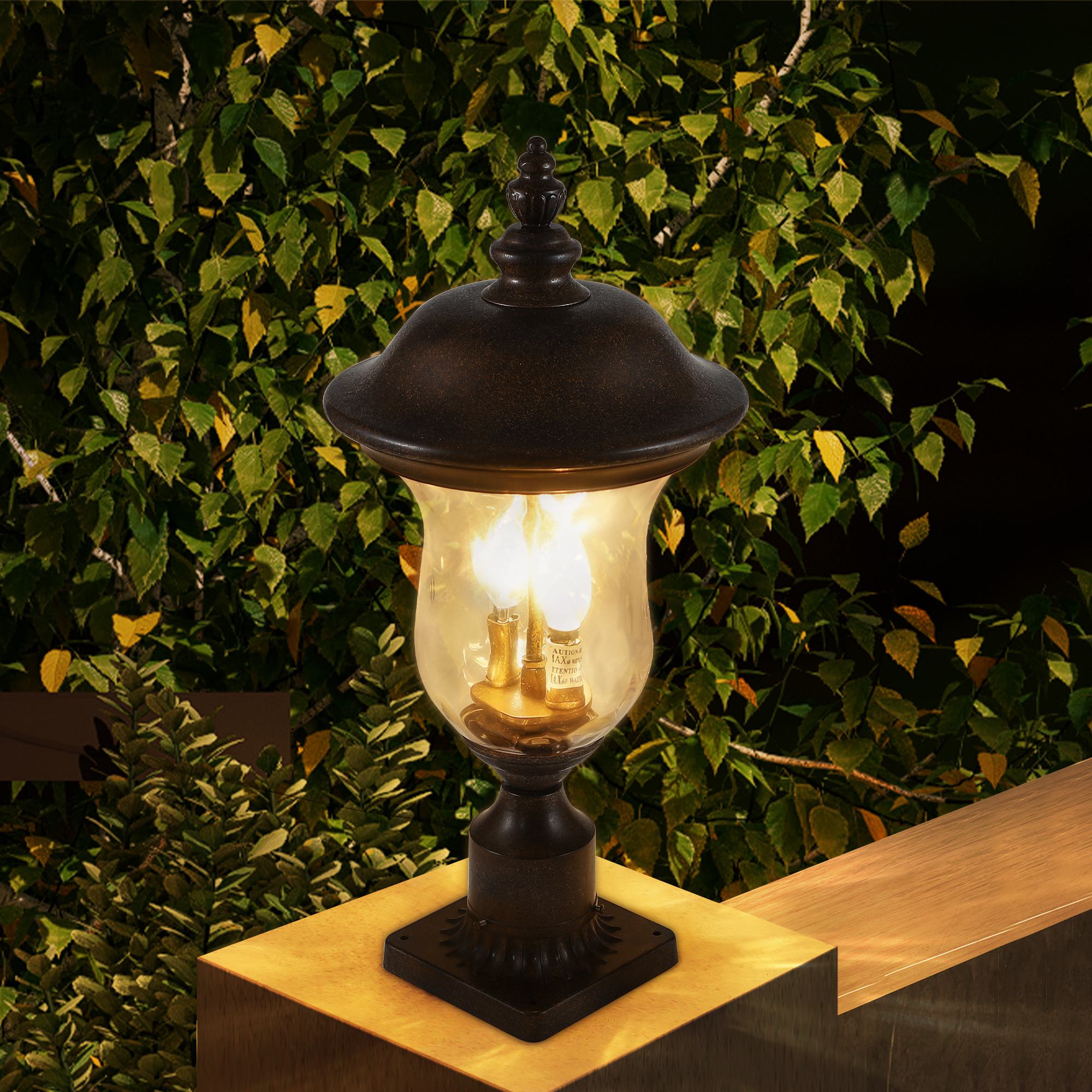 Vintage Outdoor Lamp Post Light with Clear Glass Shade, Classic Bronze Finish, Ideal for Yard, Porch, 10" L x 10" W x 21" H, Brown+Bronze