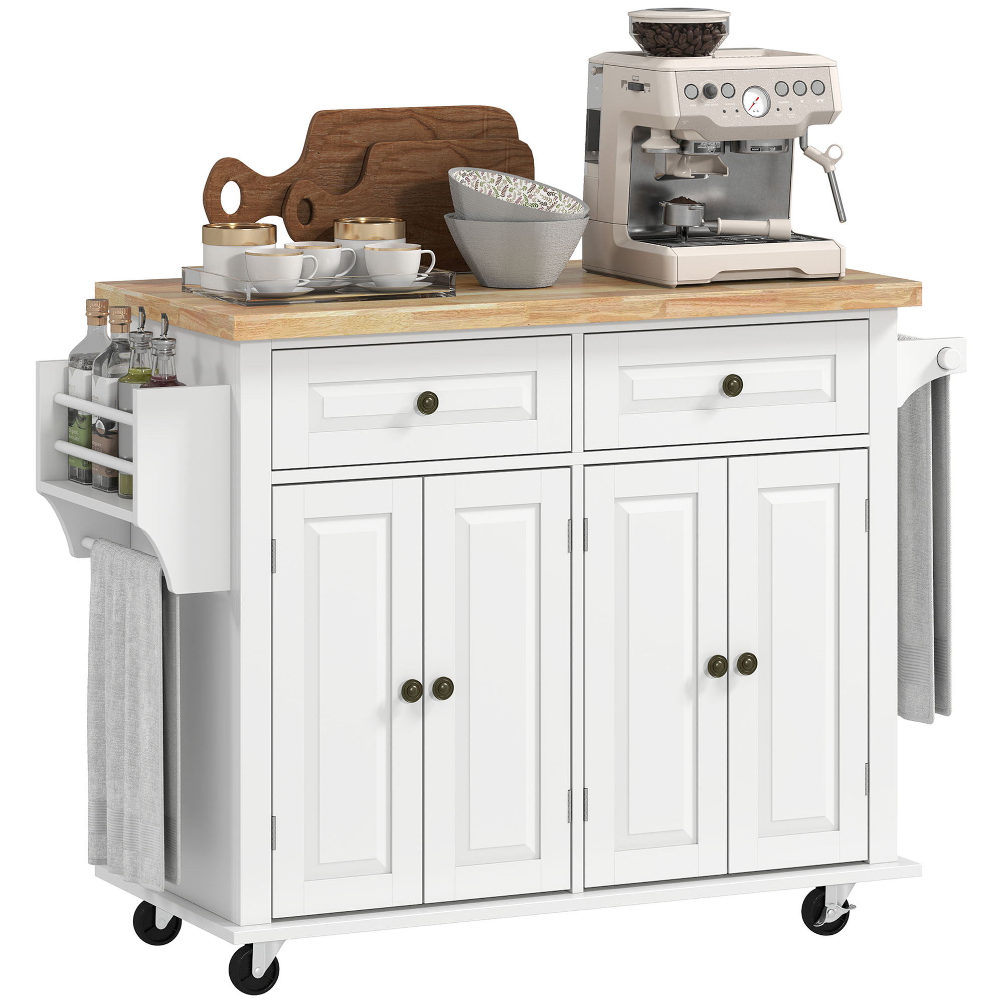 HOMCOM Kitchen Island Cart with Rubber Wood Top, Rolling Kitchen Island Table on Wheels with Drawers, Adjustable Shelves, Spice Rack and Towel Rack fo