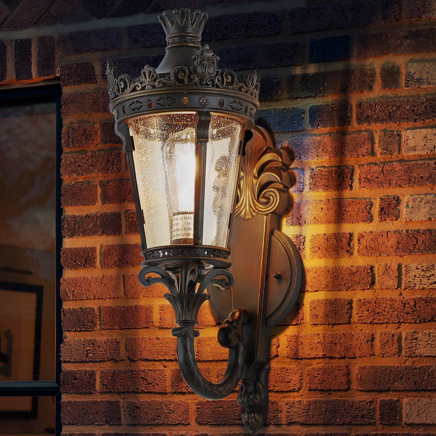 21" Vintage Outdoor Wall Lantern with Crown Top, Waterproof Exterior Sconce, Easy Installation, 10" L x 8" W x 21" H, Coffee+Golden