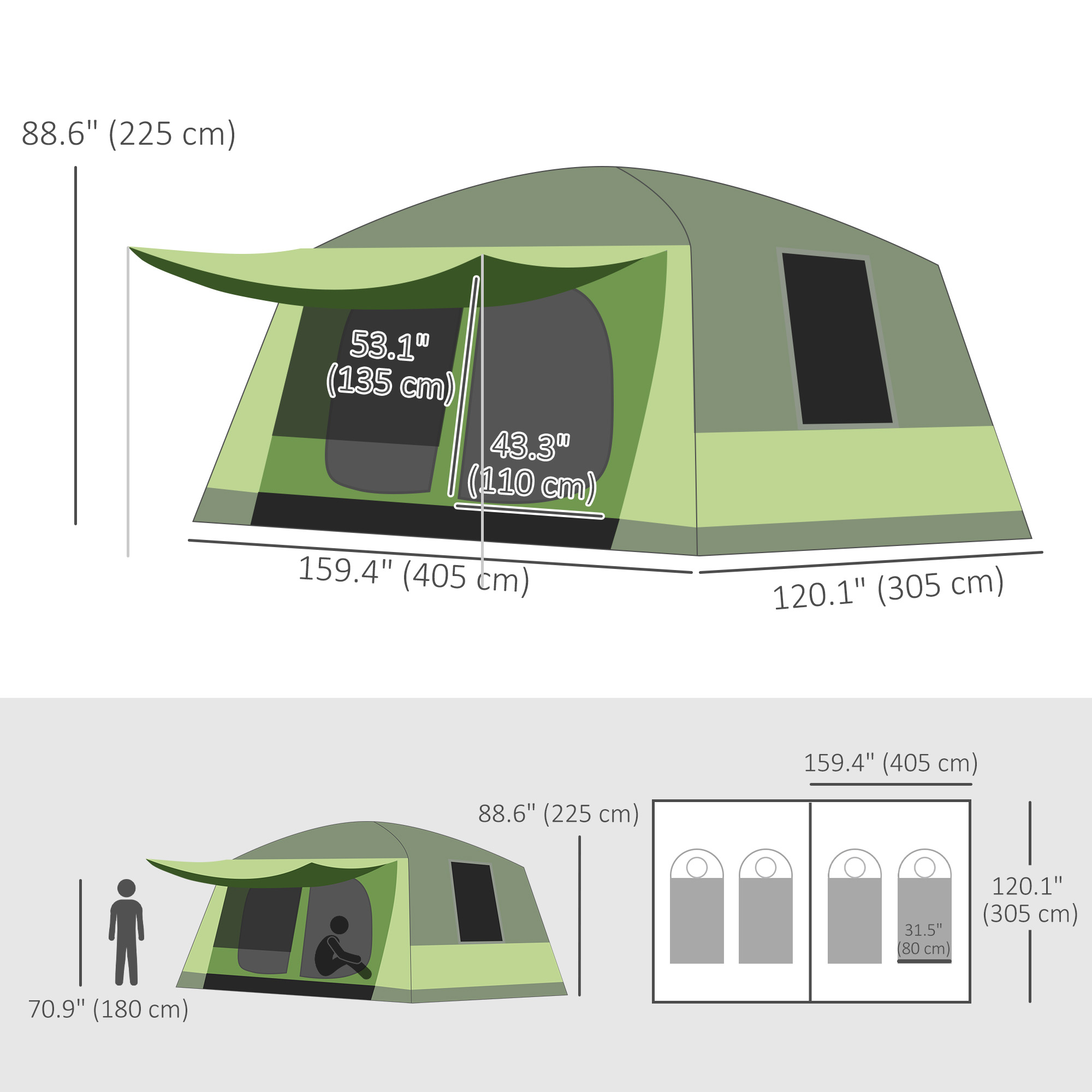 ●THA UNDA Outsunny Tunnel Tent Camping Shelter w/ Porch, Two Rooms