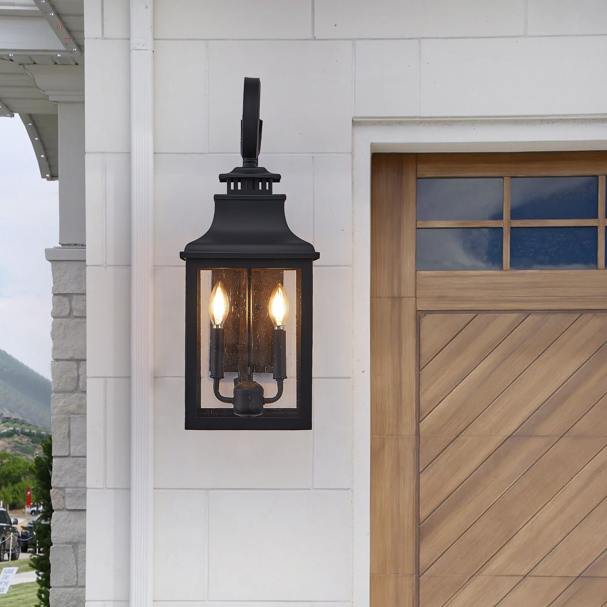 Outdoor Wall Lantern Light with Weather Resistant, Vintage Metal Sconce with Clear Seeded Glass for Porch, Patio, 11.5" L x 8.7" W x 23" H, Black