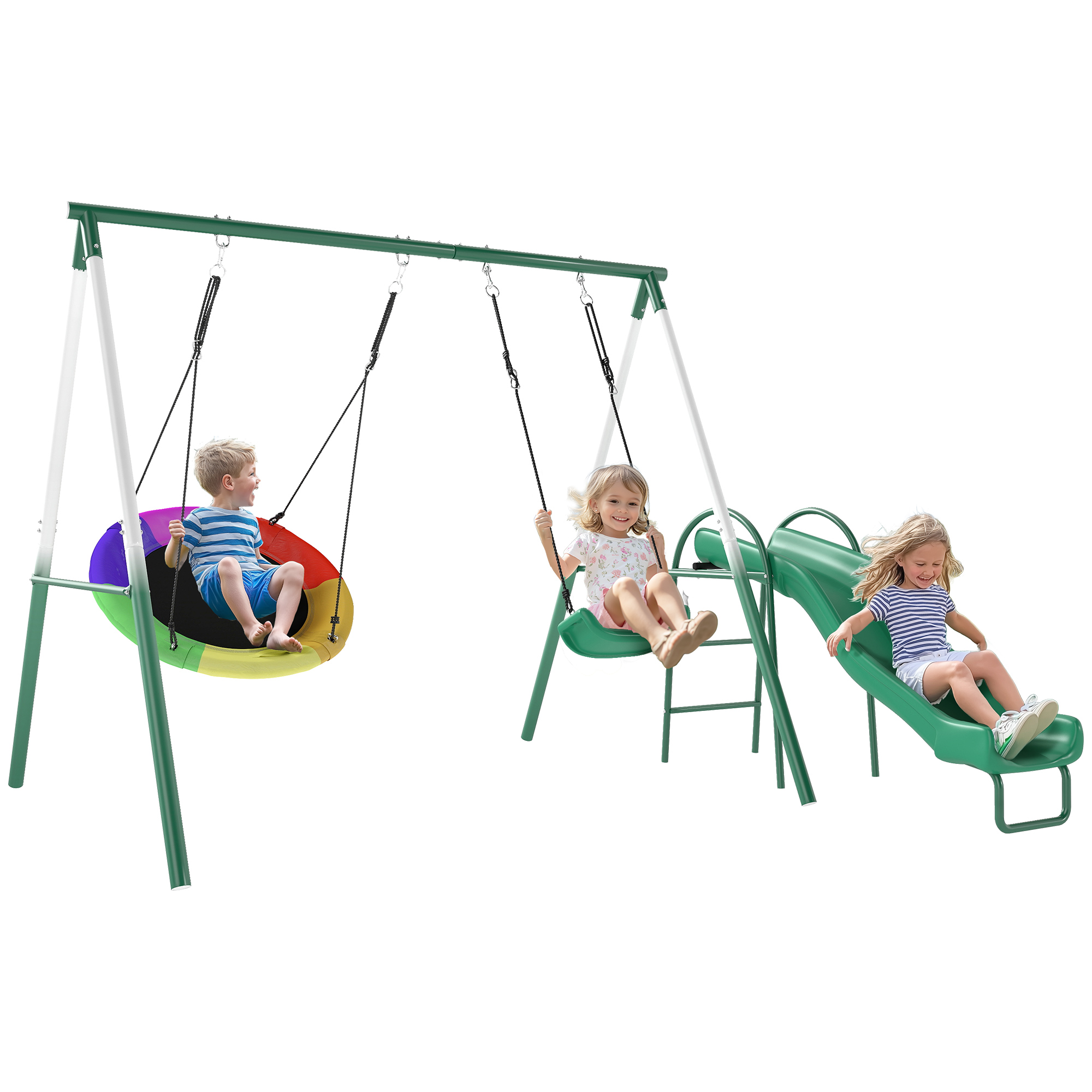 Qaba Metal Swing Set with Slide, Saucer Swing Seat, Heavy Duty A