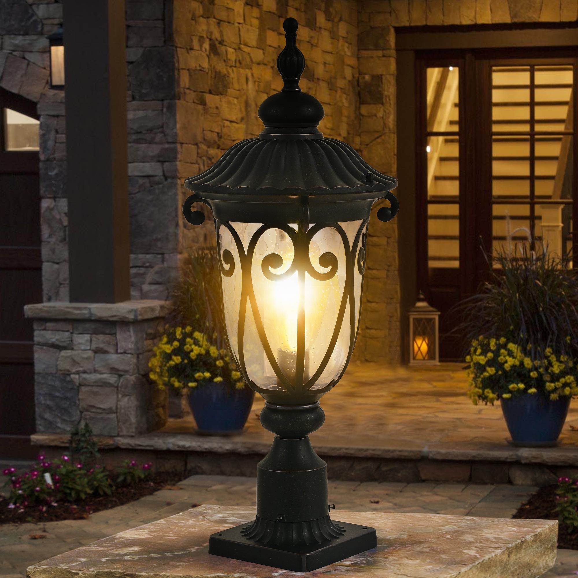 Vintage Outdoor Post Lantern with Bubble Glass, Waterproof Aluminum Lamp Post Light, Quick Installation, 9.5" L x 9.5" W x 24" H, Black