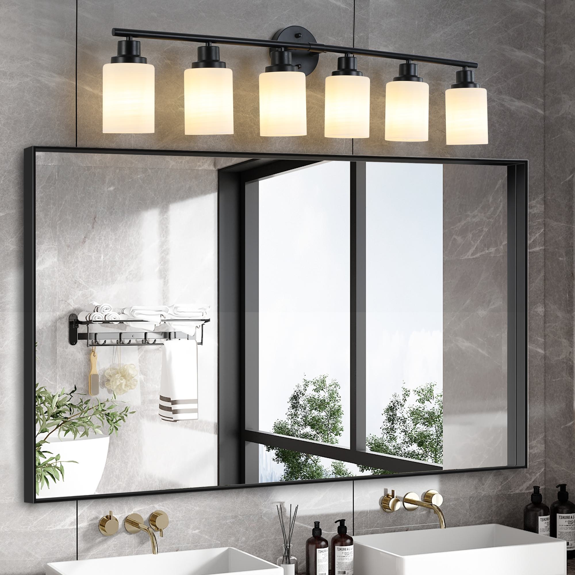 39" Modern 6-Light Vanity Light with Iron Frame, Frosted Glass, Wall Sconce for Bathroom, Dressing Room, 39" L x 6.5" W x 10" H, Black+White