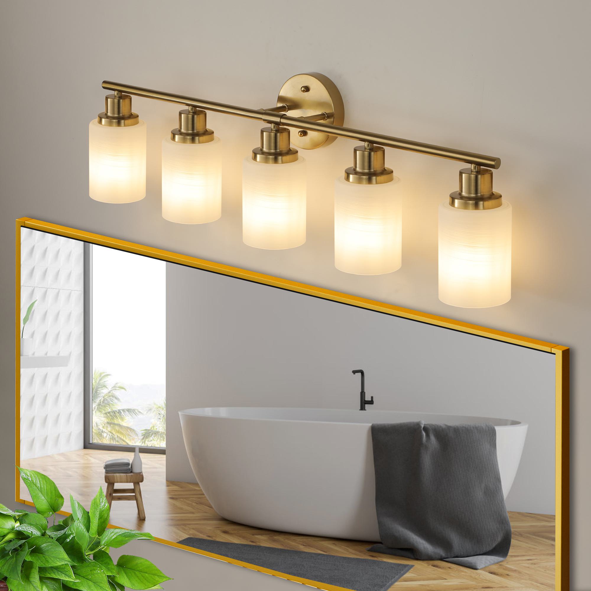 31.5" 5-Light Vanity Wall Sconce with Frosted Glass Shades, Hard-Wired Installation, Ideal for Bathroom Lighting, 31.5" L x 6.5" W x 10" H, Gold