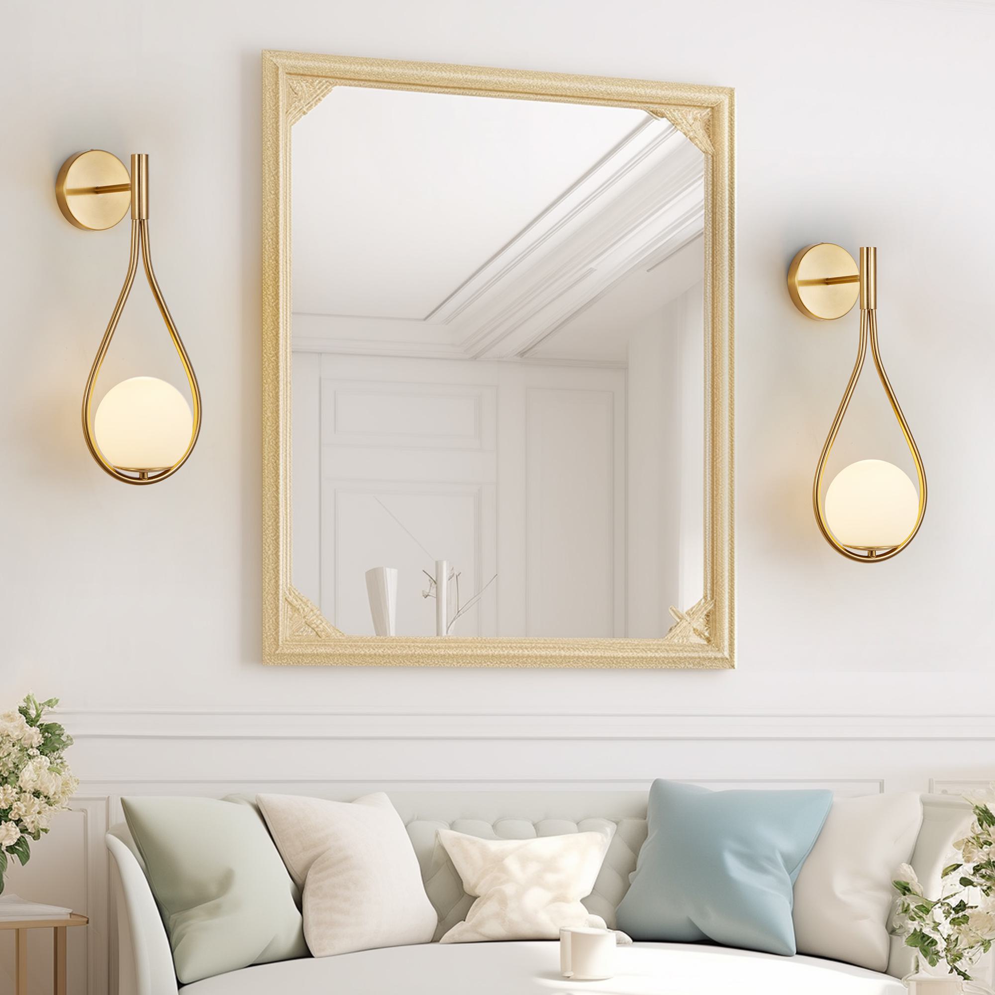 Set of 2 Modern Wall Sconces with Opal Glass Globe, Mid-Century Design, Luxury Wall Lights for Bedroom, Hallway, 7.5" L x 8" W x 18.5" H, Gold