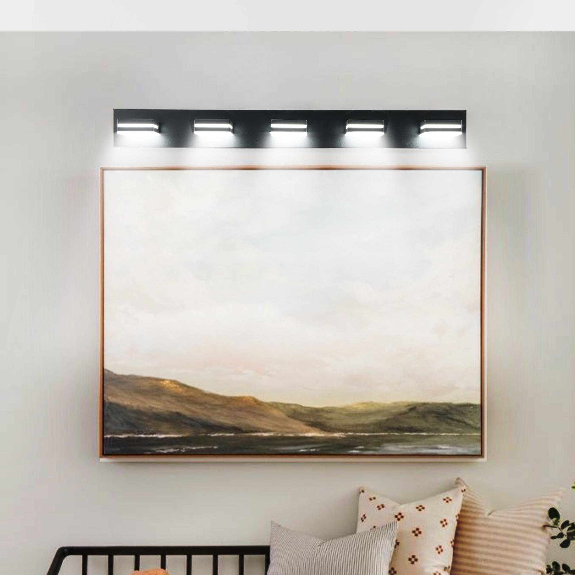 Energy-Saving 5-Light Wall Sconce with Geometric Lamp Heads, Minimalist LED Vanity Light for Bathroom, Toilets, 40.5" L x 4.5" W x 5" H, Black