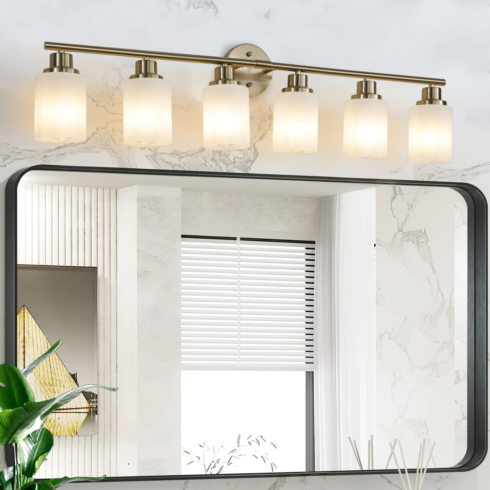 38.5" Modern 6-Light Vanity Wall Sconce with Frosted Glass Shades, Golden Finish, Easy Installation, 38.5" L x 6.5" W x 10" H, Gold