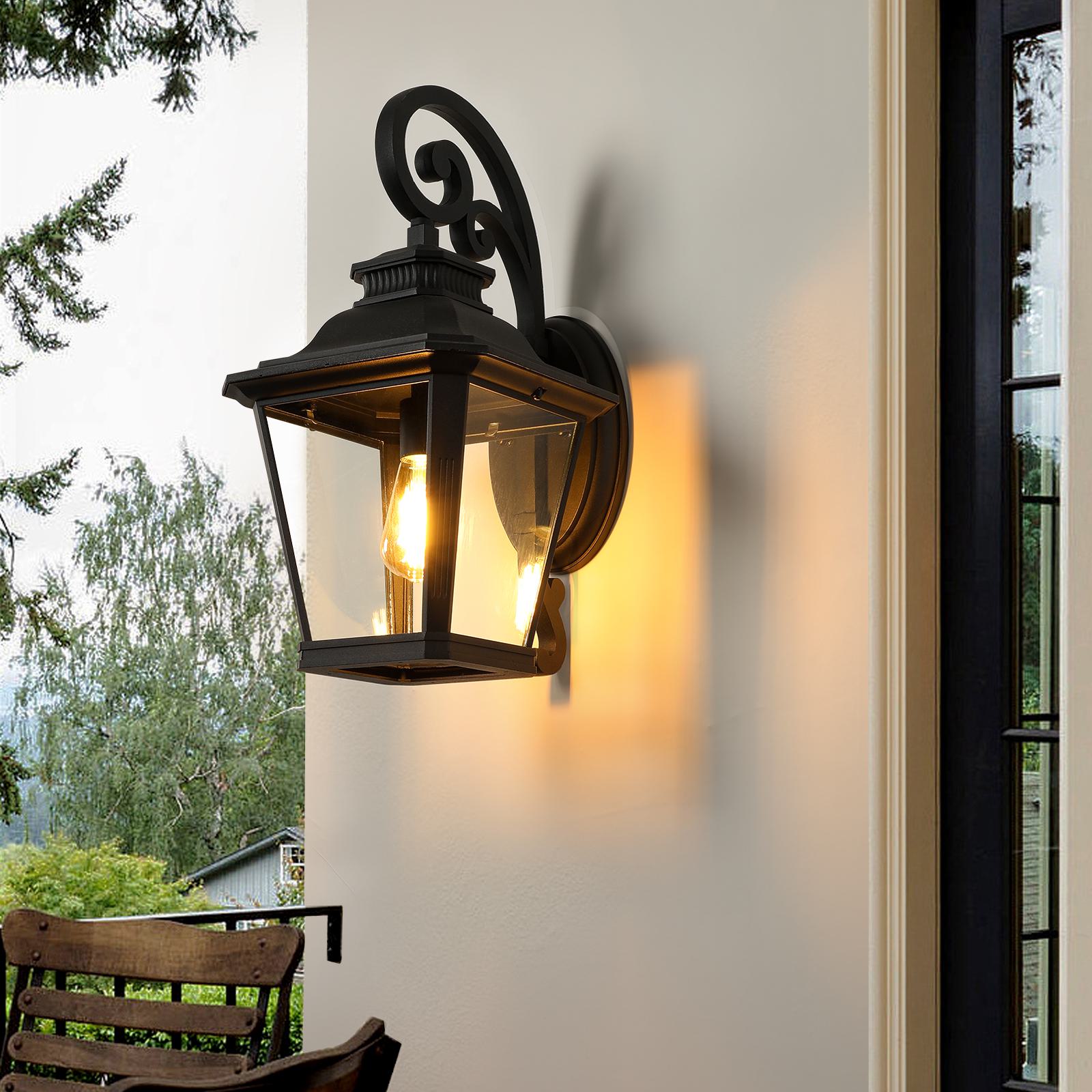 Outdoor Wall Lantern Light with Decorative Scroll Design, Clear Glass Sconce, Weather-Resistant Aluminium, 14" L x 11" W x 21" H, Black