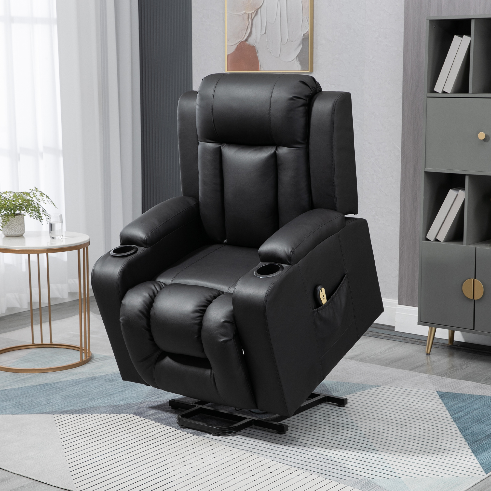 HOMCOM Electric Power Lift Chair for Elderly, PU Leather Recliner Sofa with Footrest, Remote Control and Cup Holders, Black Aosom Canada