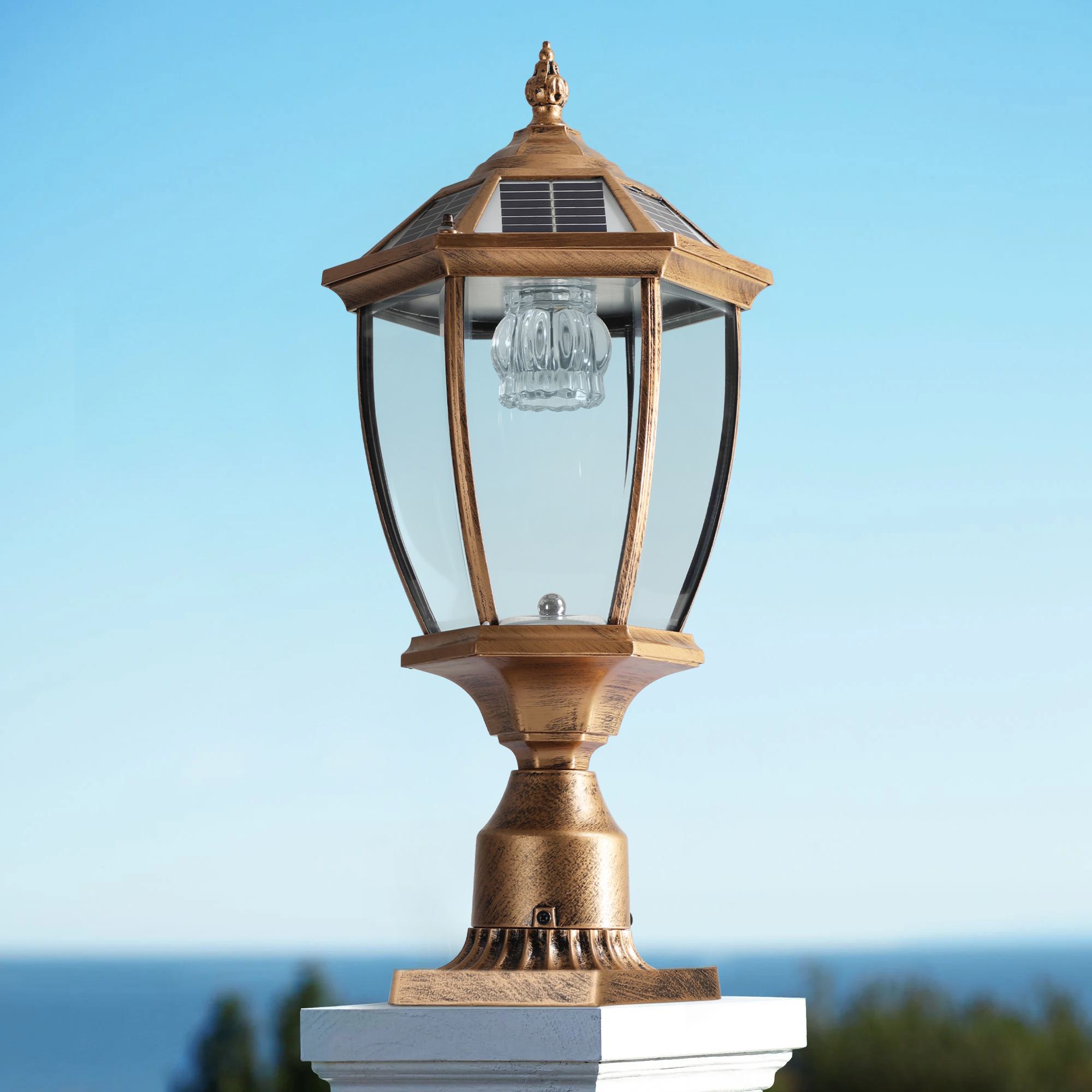 Solar Powered LED Outdoor Lantern with Elegant Glass Design, Vintage Garden Light for Pathways, Yards, Patios, 9.5" L x 9.5" W x 20" H, Bronze