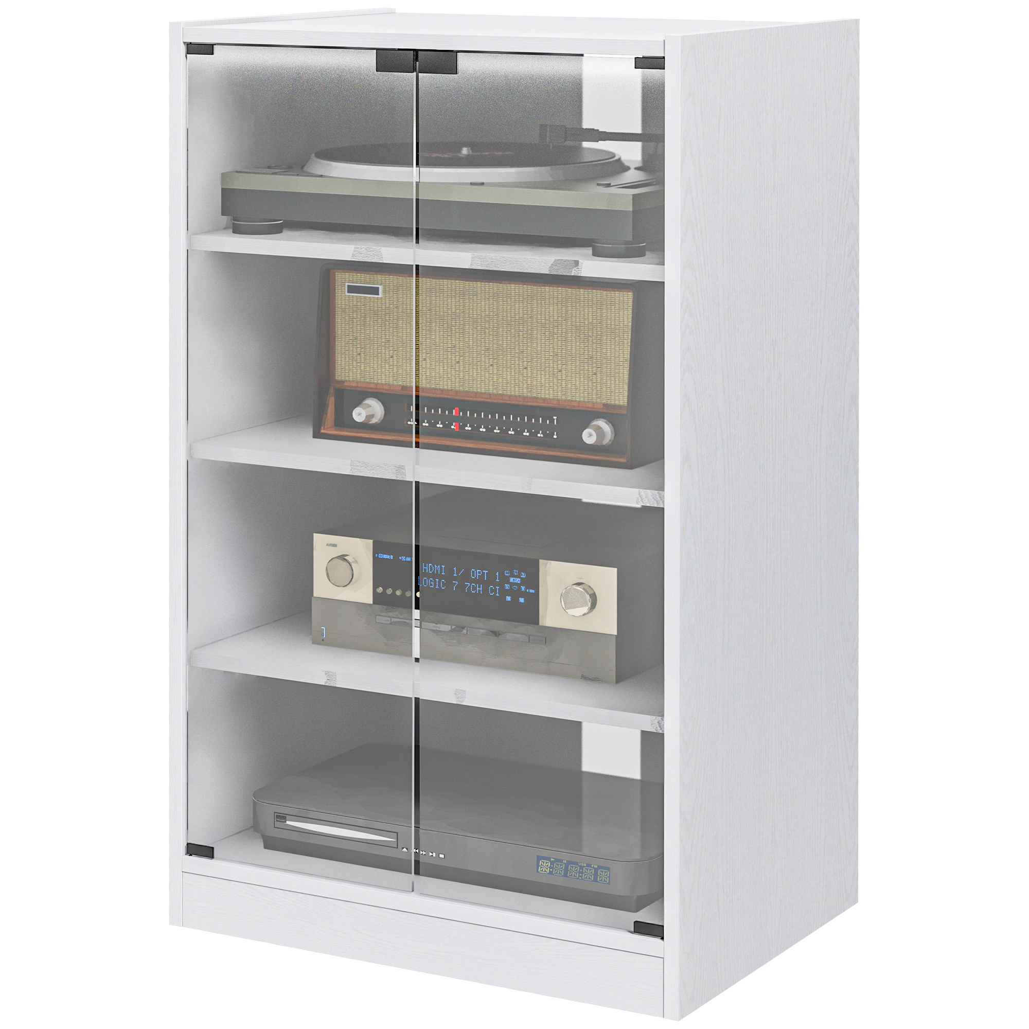 HOMCOM 4-Tier Media Cabinet, Media Stand with Adjustable Shelves, Tempered Glass Doors, and Cable Management, Distressed White