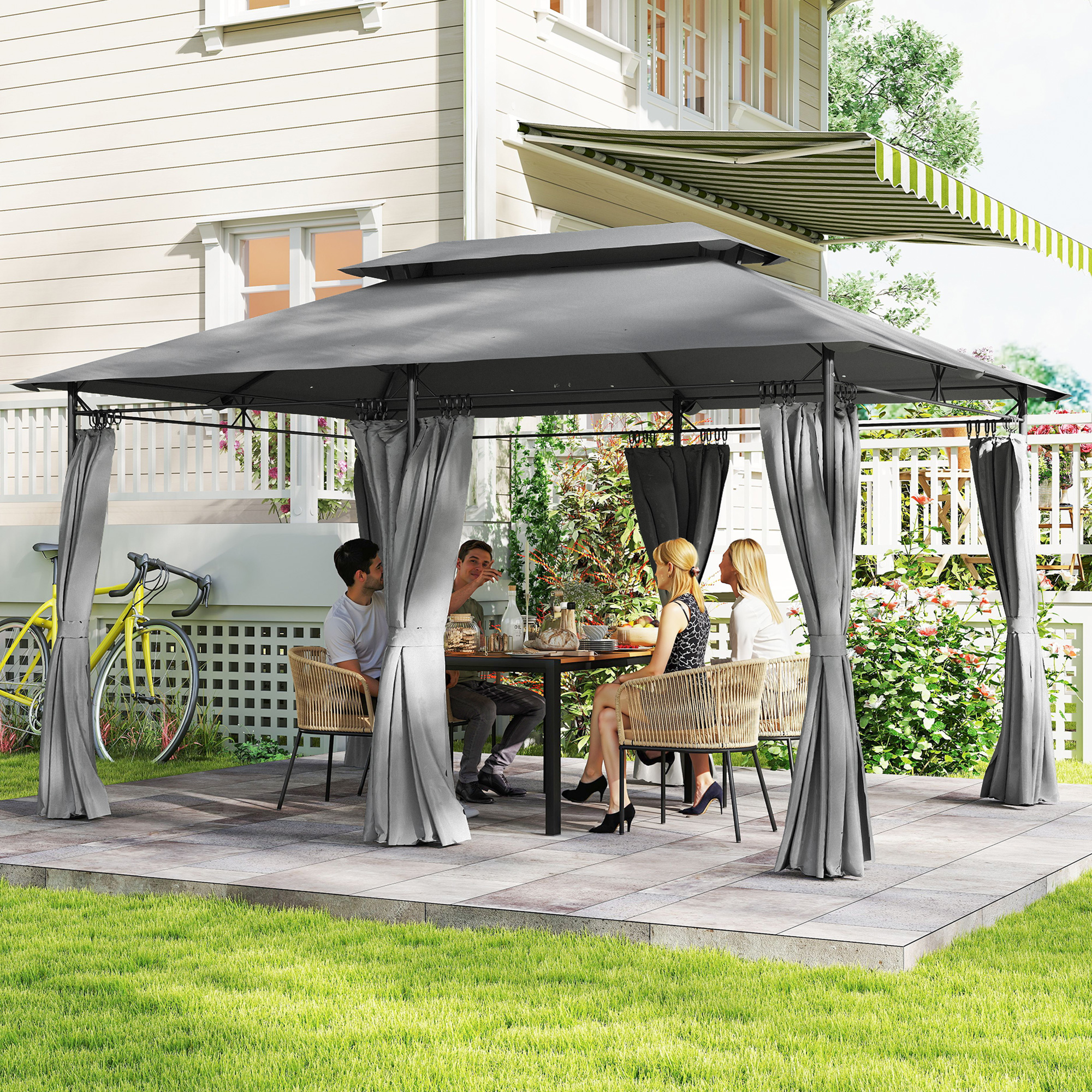 Outsunny 10' x 13' Double Roof Patio Gazebo, Softtop Gazebo with Curtains, for Garden, Lawn, Backyard and Deck, Dark Grey Aosom Canada