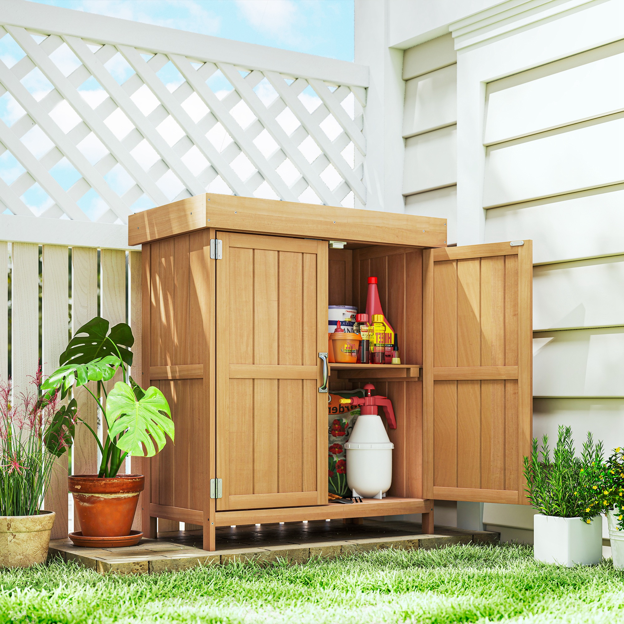 キャトー Outsunny Wooden Garden Tool Storage Shed Kit with Hinged Roof, 2