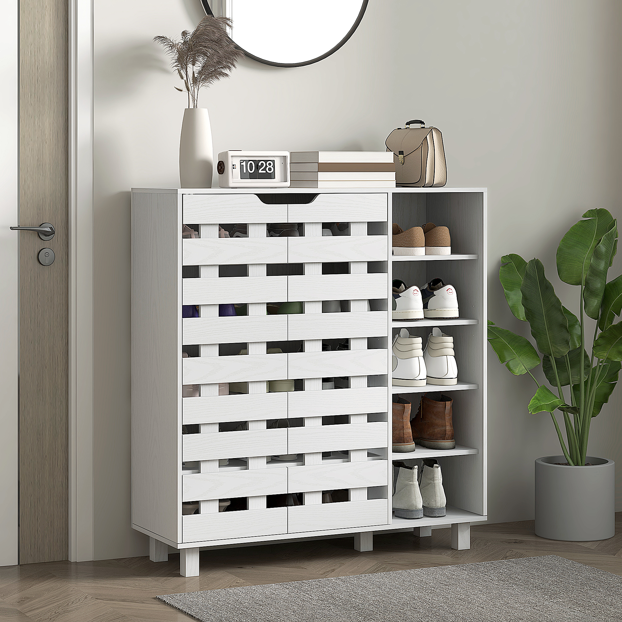 HOMCOM Shoe Cabinet, 21 Pair Shoe Storage Cabinet with 5-Tier Double Door Cupboard and 5-Tier Open Shelves, White Aosom Canada