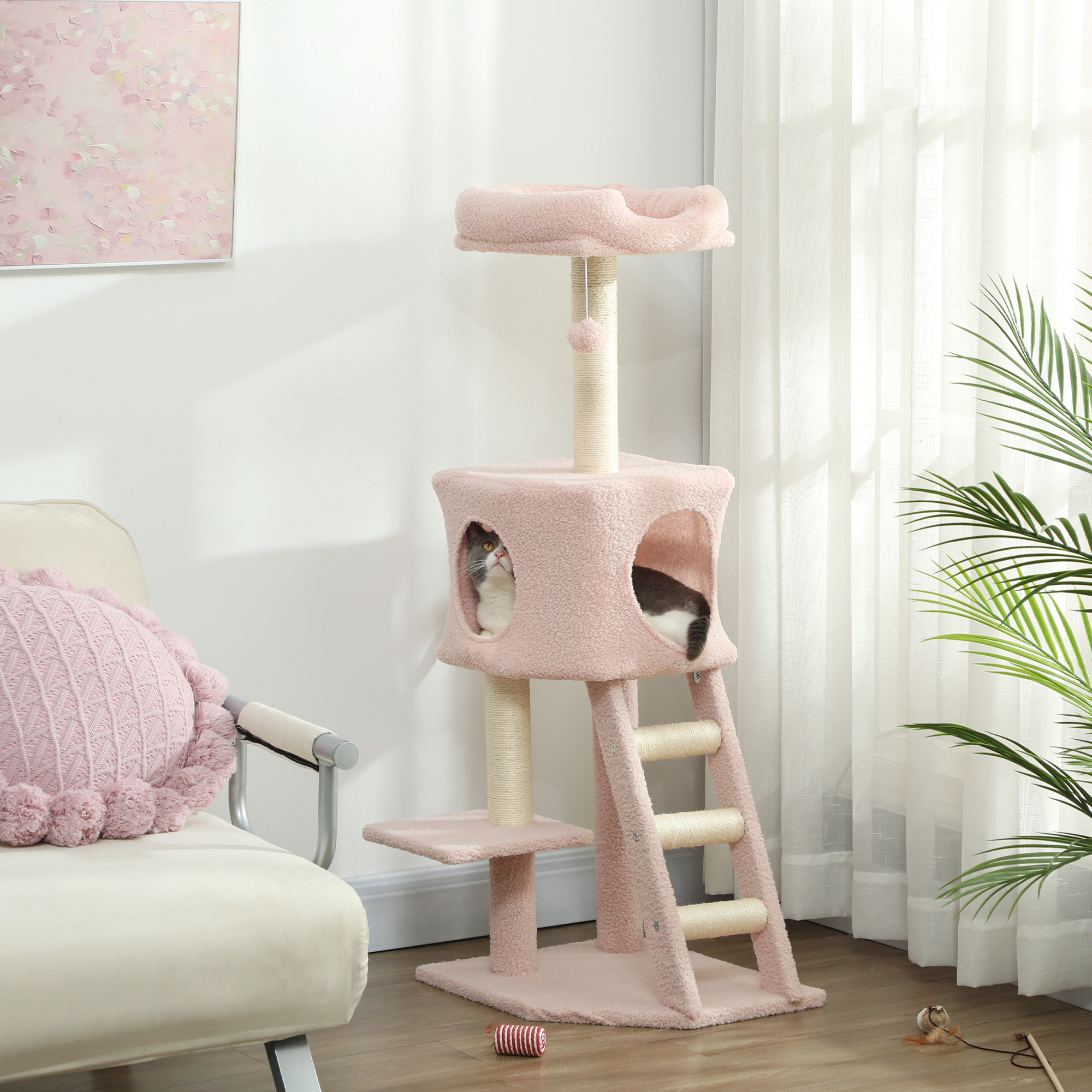 PawHut 47" Tall Cat Tree Tower with Condo, Ladder, Scratching Posts and Hanging Ball, Pink Aosom Canada