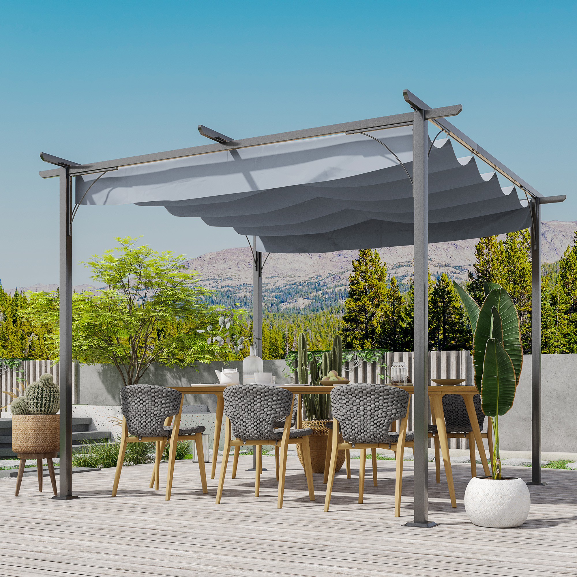 【Adul】PATIO Outsunny 10'x10' Outdoor Pergola Gazebo with Retractable