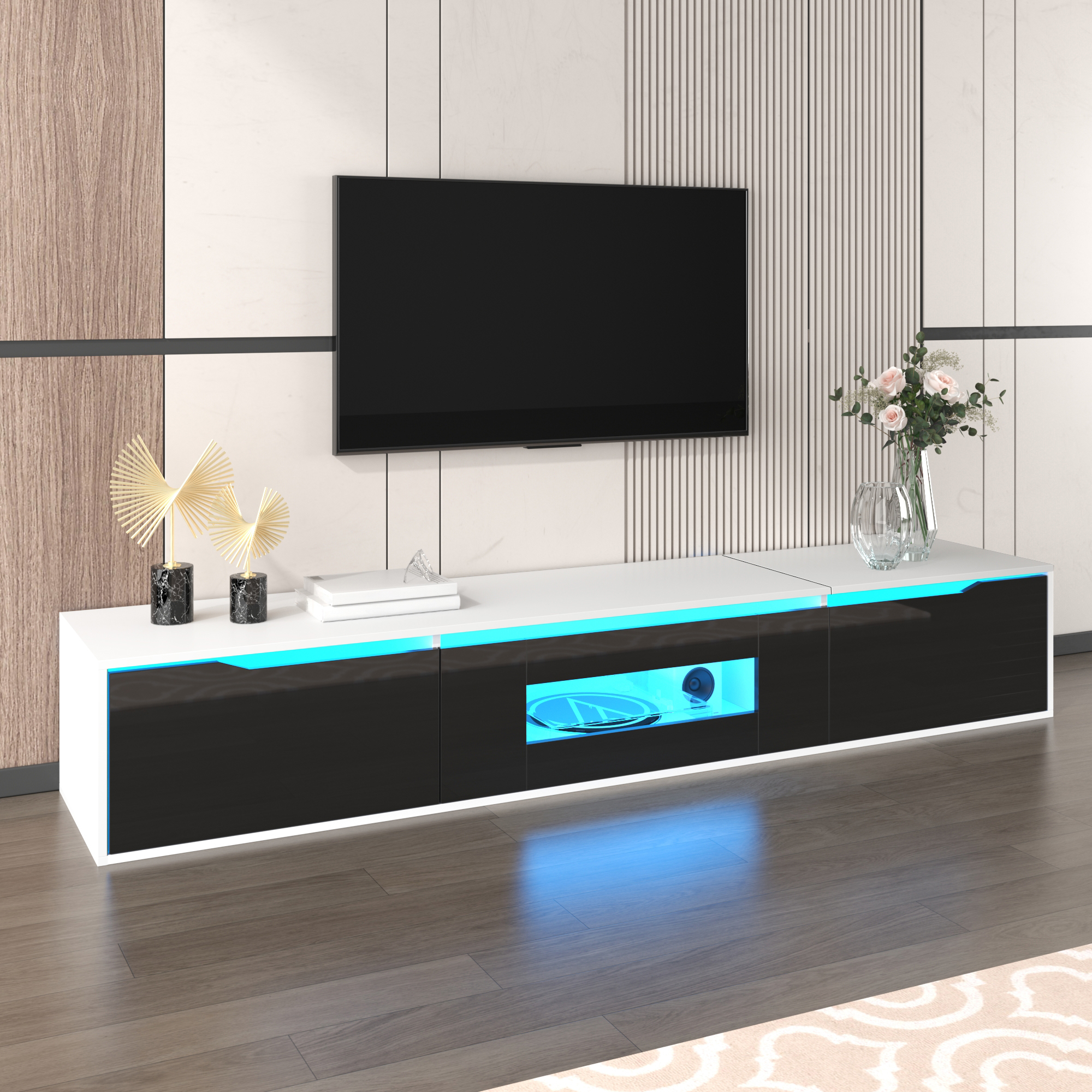 High-Gloss TV Stand with Colour-Changing LED Lighting, Versatile Mounting Options, Easy to Install, 71" L x 12" W x 12" H, Black+White Aosom Canada