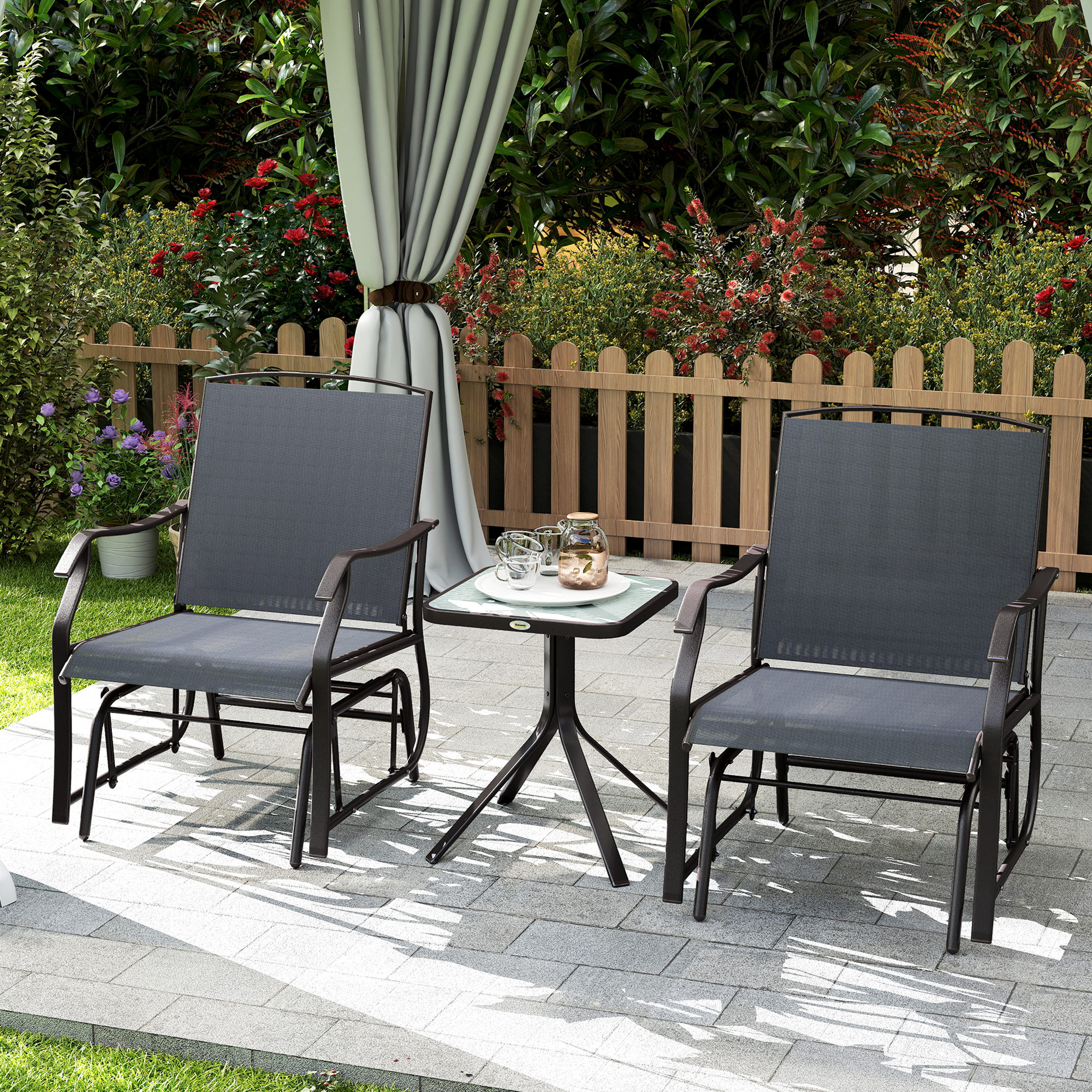 patio様 Outsunny 3 Pcs Outdoor Gliders Set Bistro Set with Glass Top