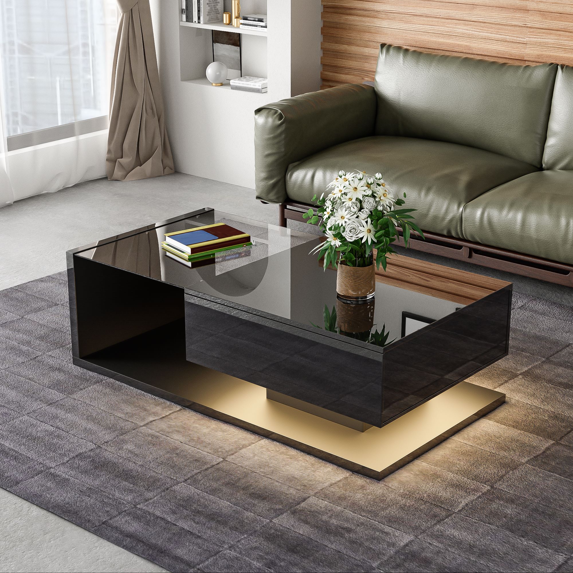 High-Gloss Black Coffee Table with Glass and LED Effect, Spacious Surface, Easy to Install, 41.5" L x 21.5" W x 12.5" H, Black Aosom Canada