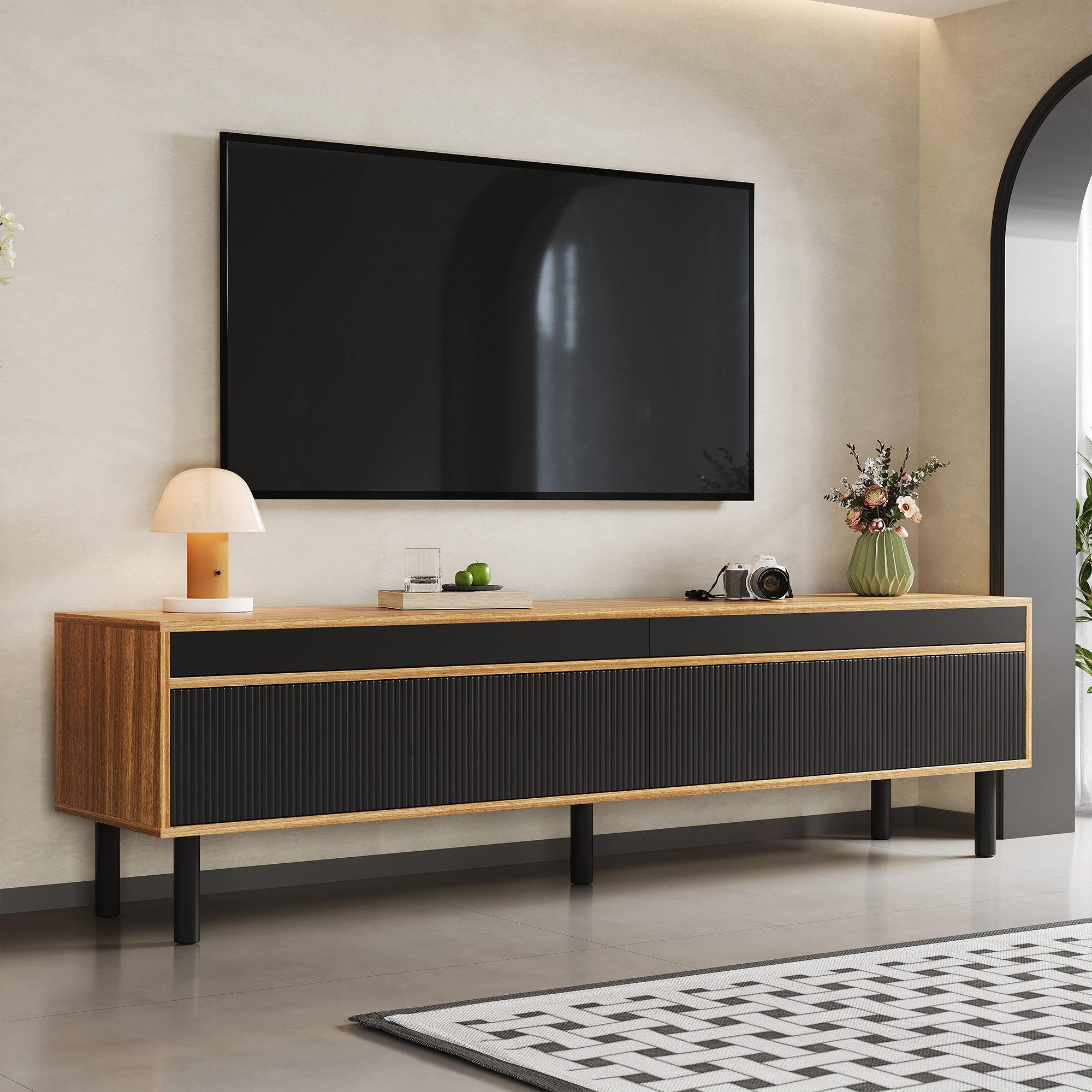 TV Stand with Elegant Stripe Design and Sturdy Wooden Legs, Black+