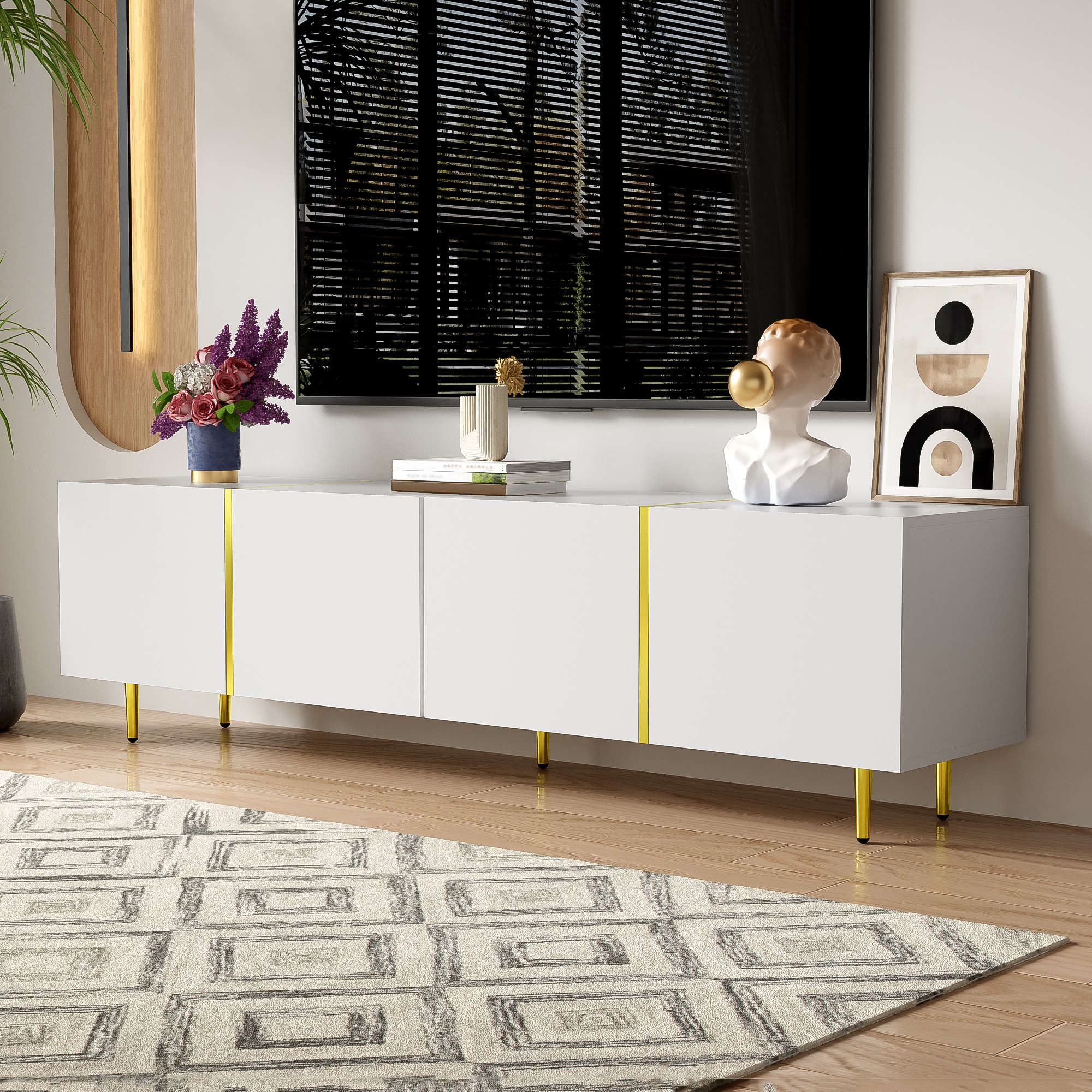 High-Gloss TV Stand with 4 Doors and Modern Minimalist Design, Soft-Close Hinges, Easy to Install, 67" L x 13.5" W x 18" H, White Aosom Canada
