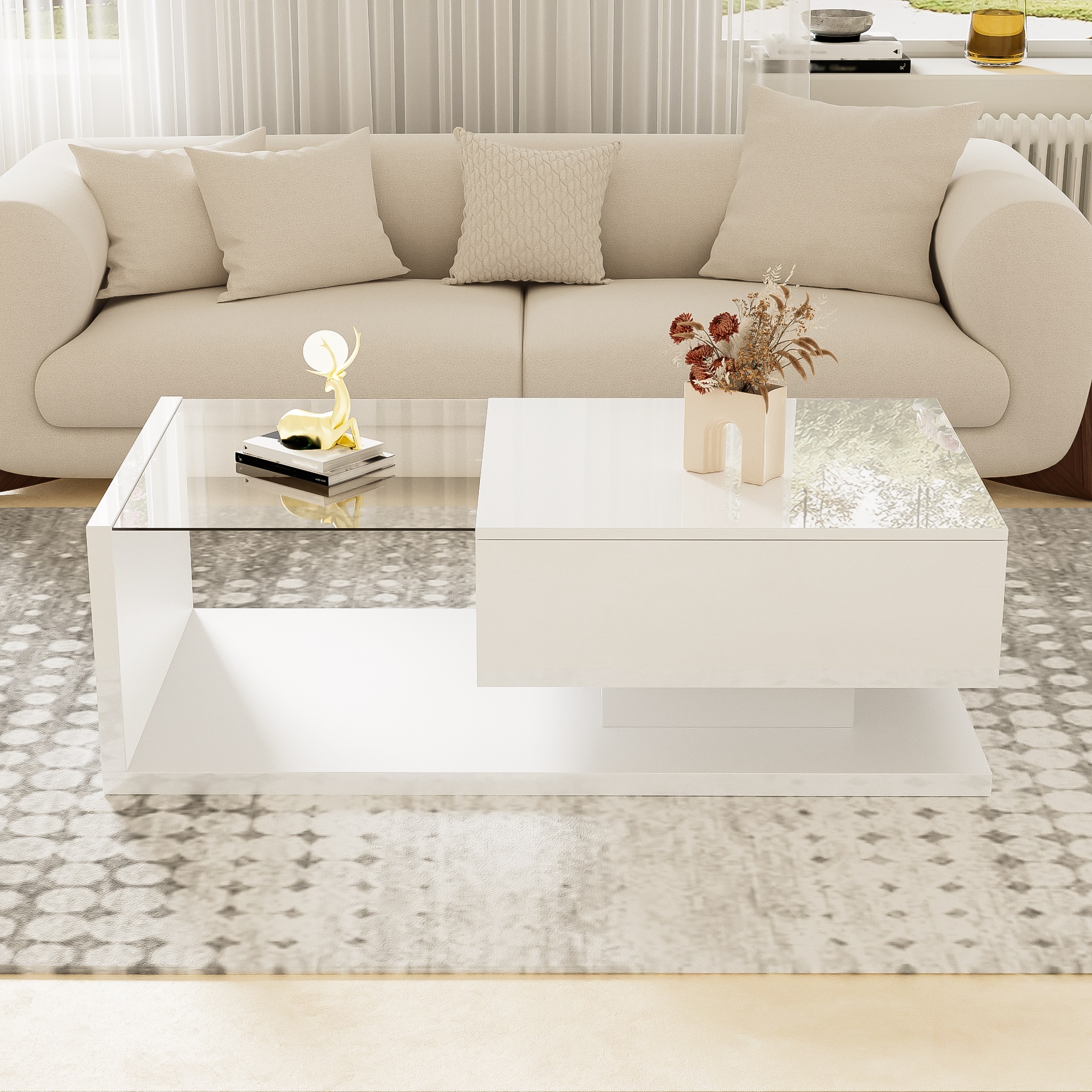 High-Gloss Coffee Table with LED Effect and Modern Design, Storage Compartment, Easy to Install, 41.5" L x 21.5" W x 12.5" H, White Aosom Canada