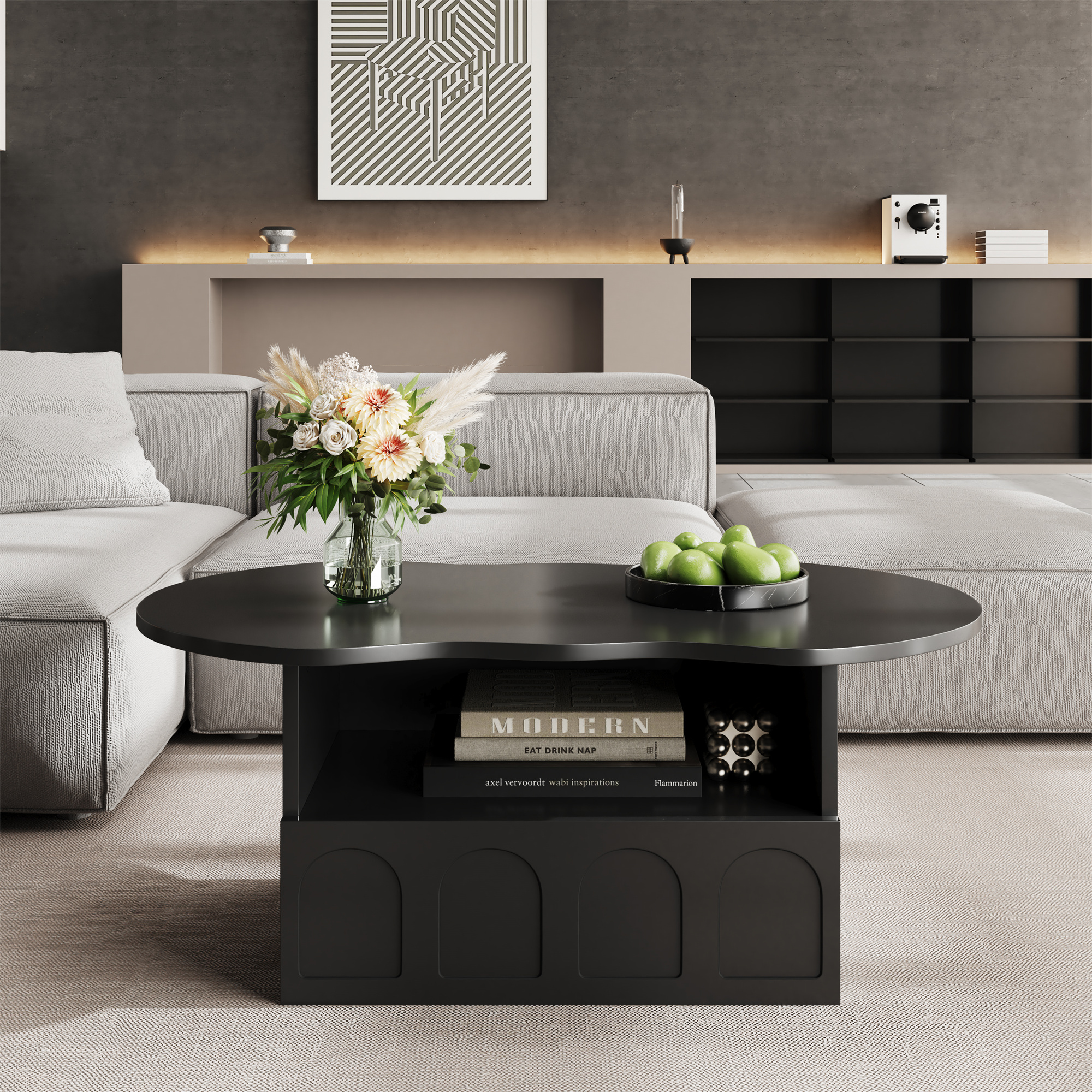 Cloud Coffee Table with Drawer and Open Storage, Particle Board and Modern Design, Easy to Install, 39.5" L x 23.5" W x 15" H, Black | Aosom Canada