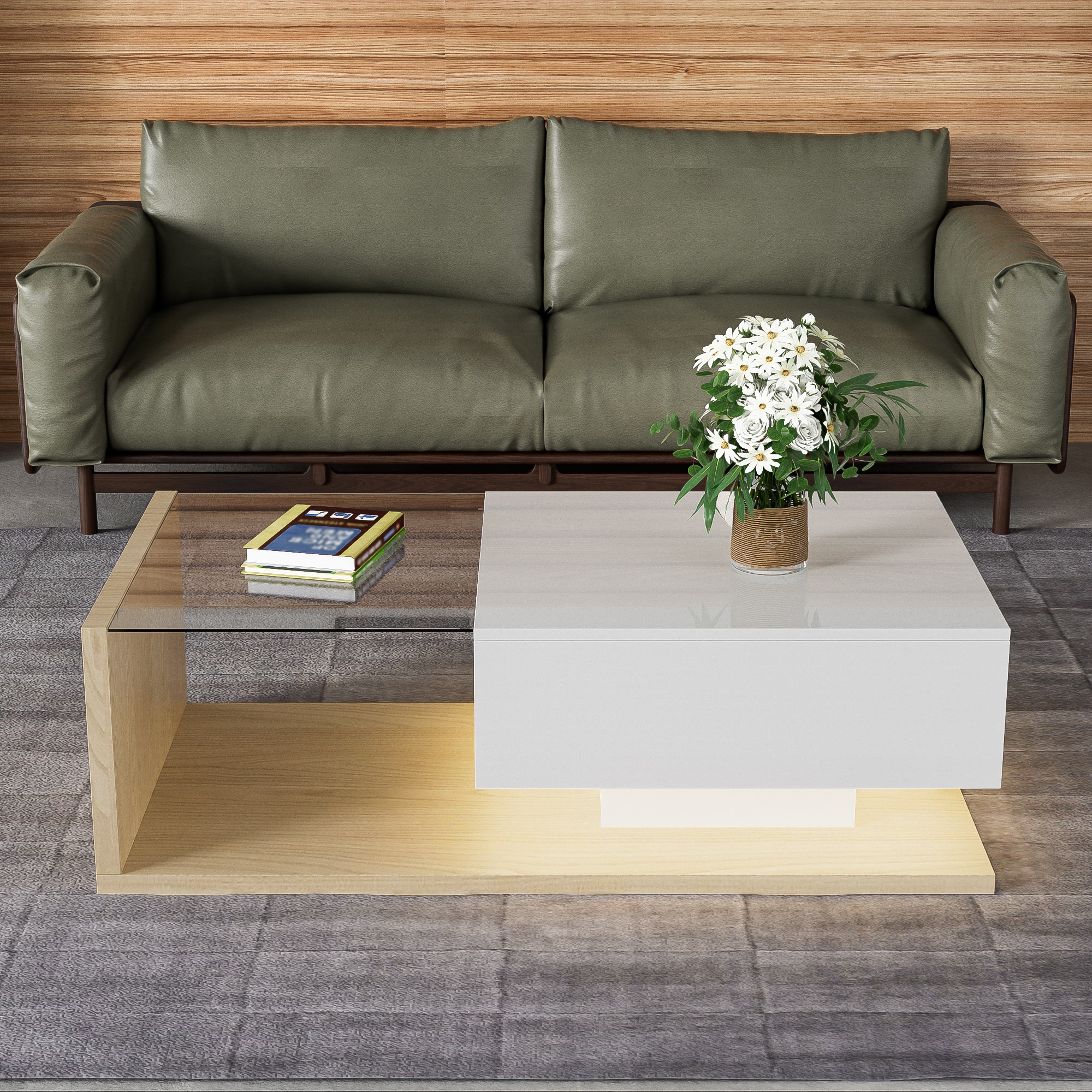 High-Gloss Coffee Table with Glass and LED Effect, Modern Design with Storage Compartment, 41.5" L x 21.5" W x 12.5" H, White+Wood Aosom Canada
