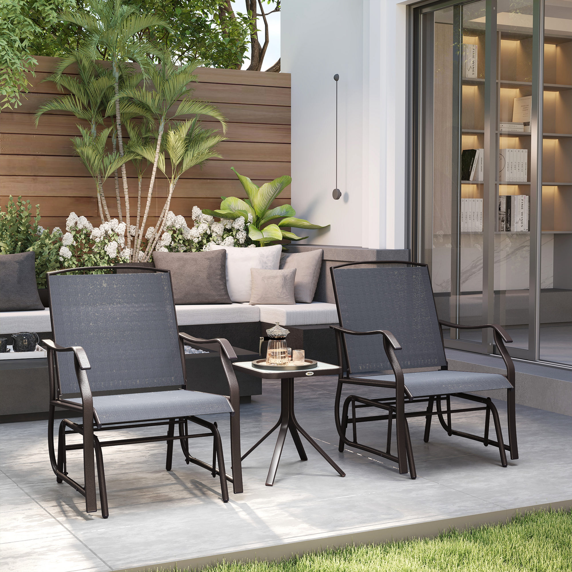 patio様 Outsunny 3 Pcs Outdoor Gliders Set Bistro Set with Glass Top