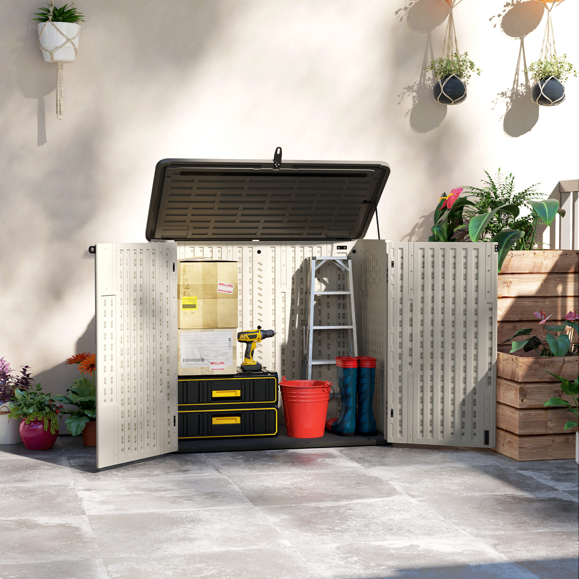 Outsunny 185 Gallon Outdoor Storage Cabinet with Openable Top and Lockable Doors for Lawnmower, Trash Can, Patio Accessories Aosom Canada