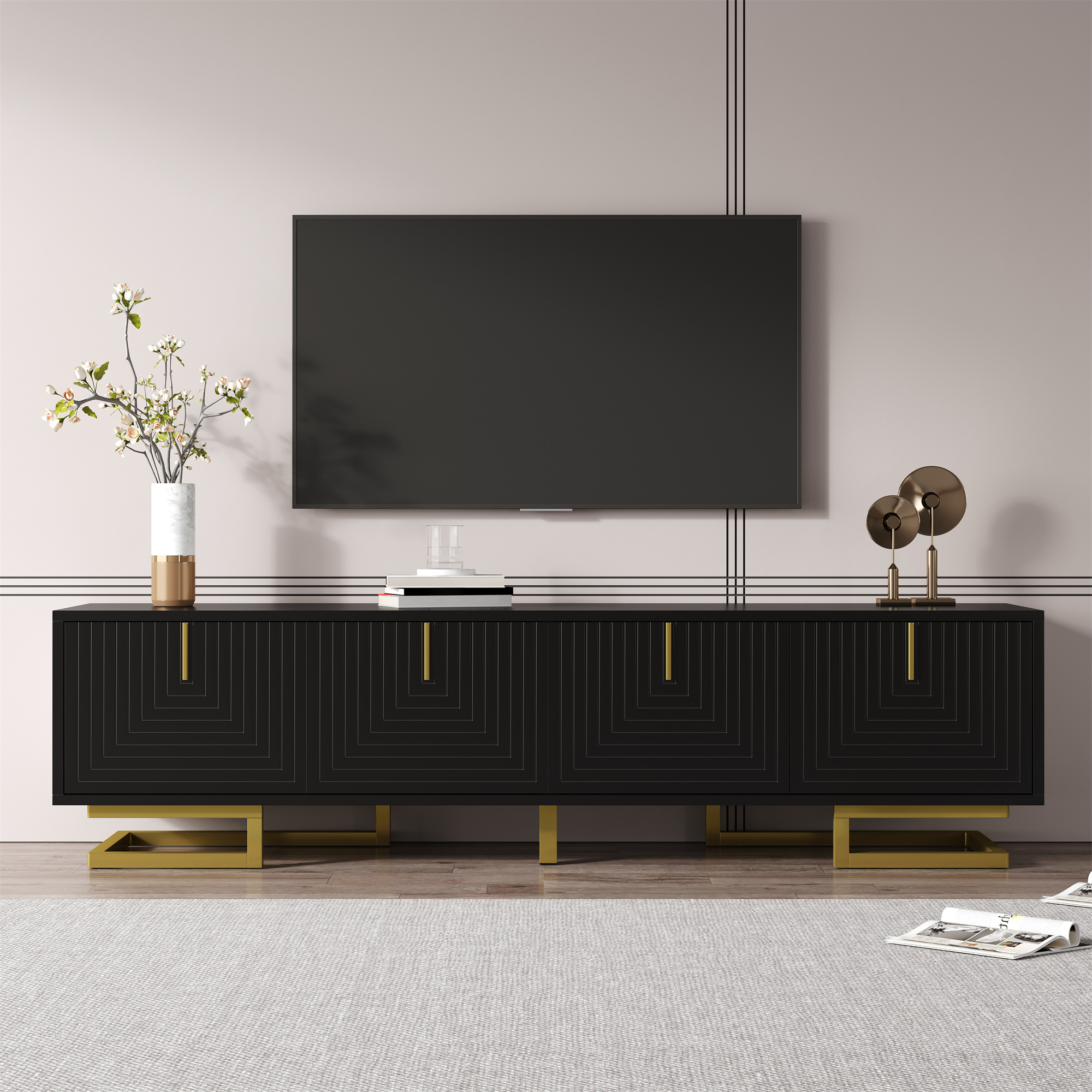 Modern TV Stand with Textured Doors, Gold Handles and Legs, Ample Storage Space, Easy to Install, 63" L x 15" W x 17.5" H, Black Aosom Canada