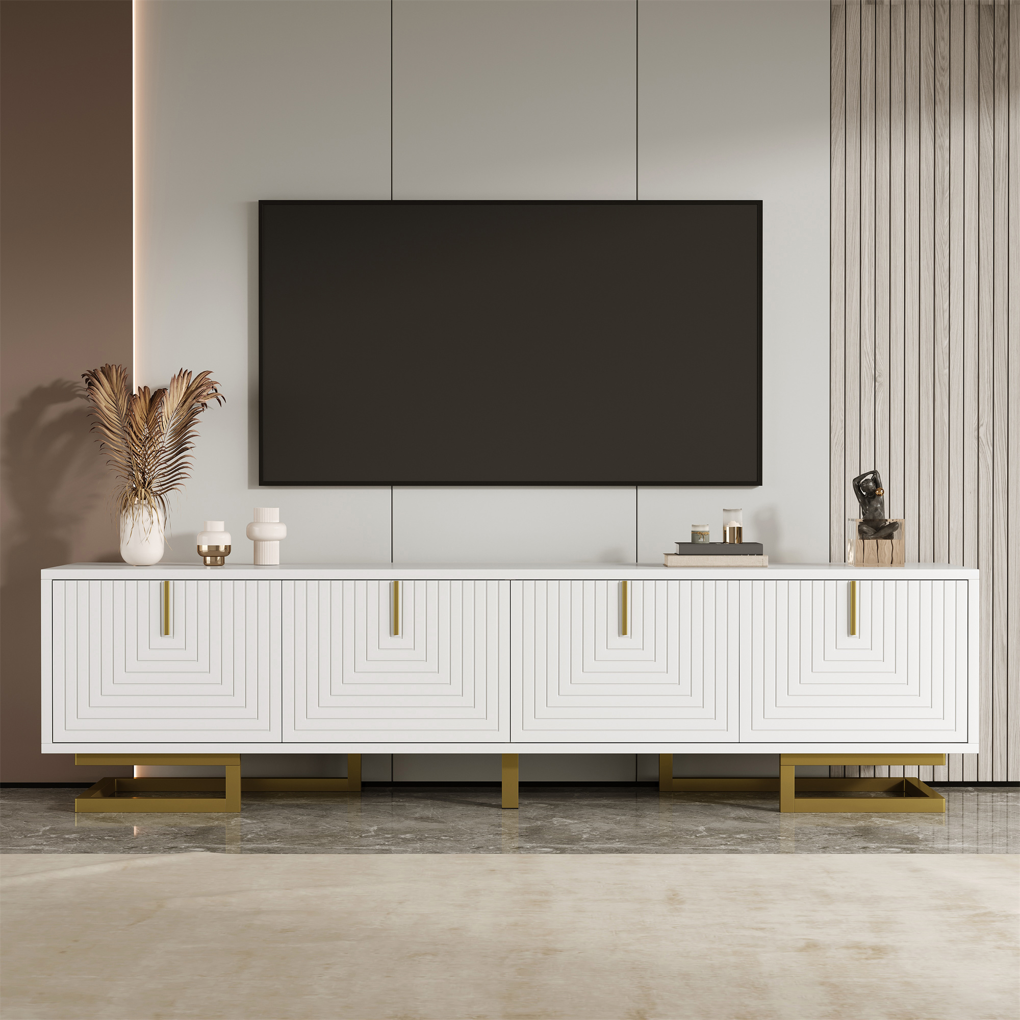 Modern TV Stand with Textured Doors, Gold Handles and Legs, Ample Storage Space, Easy to Install, 63" L x 15" W x 17.5" H, White Aosom Canada