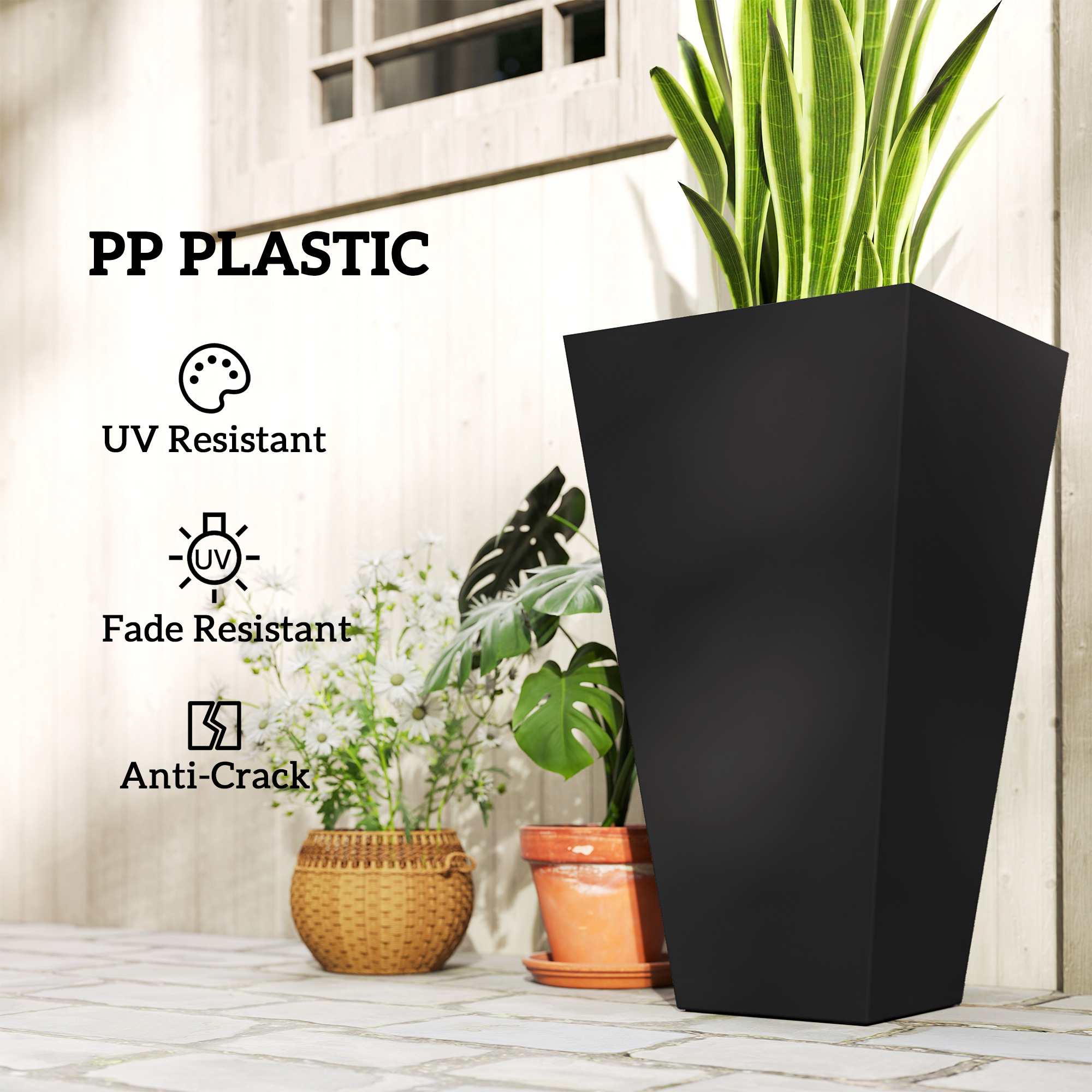 Outsunny Tall Plastic Planters 28 Inch 3-Pack Large Outdoor Indoor Garden Flower Pots for Entryway Patio Yard Black