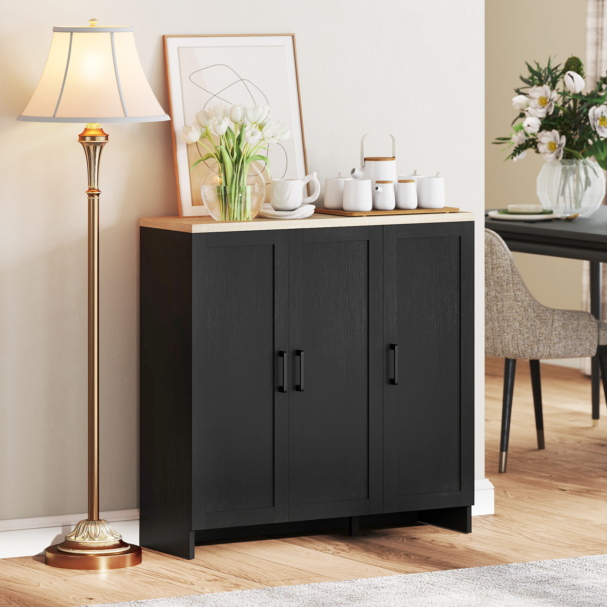HOMCOM Dining Room Sideboard Small 3 Doors Adjustable Shelves Black Sideboard for Dining Kitchen Storage Cabinet Aosom Canada